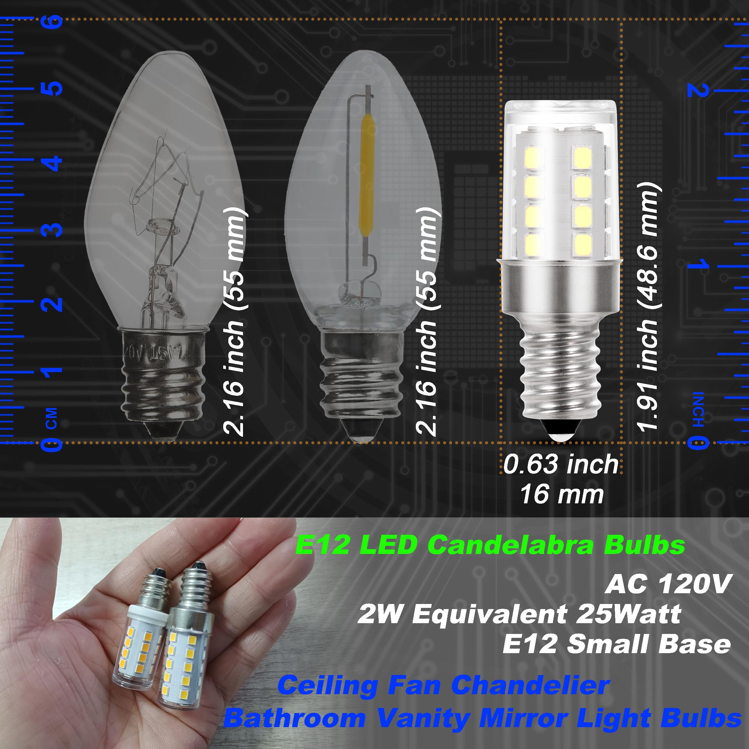 Hylroe LED Candelabra Bulbs, 25W Equivalent, 6000K Daylight White, Non-Dimmable, E12 Base, 2W, 4 Pack