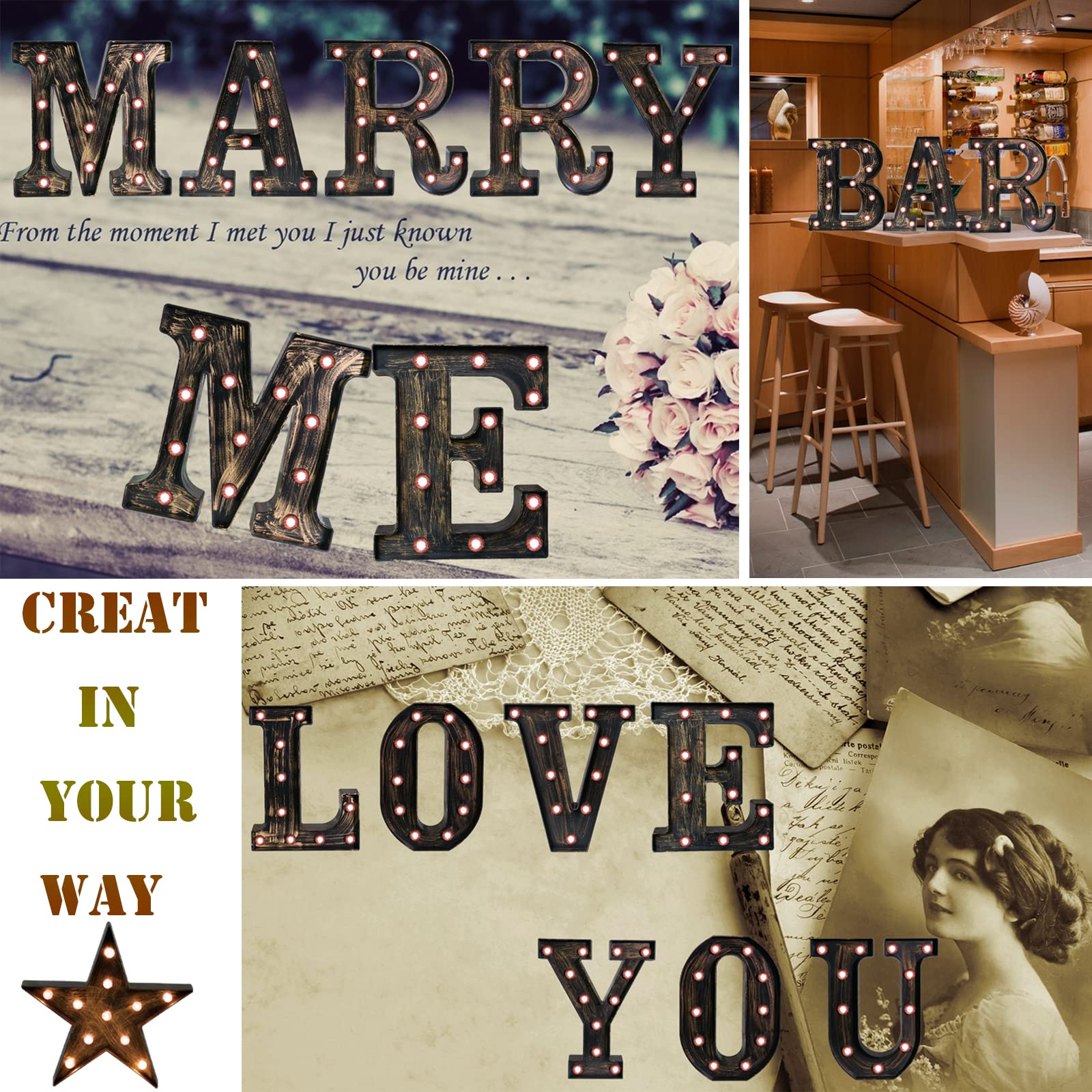 Oycbuzo Golden Black Led Marquee Letter - Industrial, Vintage Style Light Up Alphabet Letter Sign For Cafe Wedding Birthday Party Christmas Lamp Home Bar Initials Decor - M