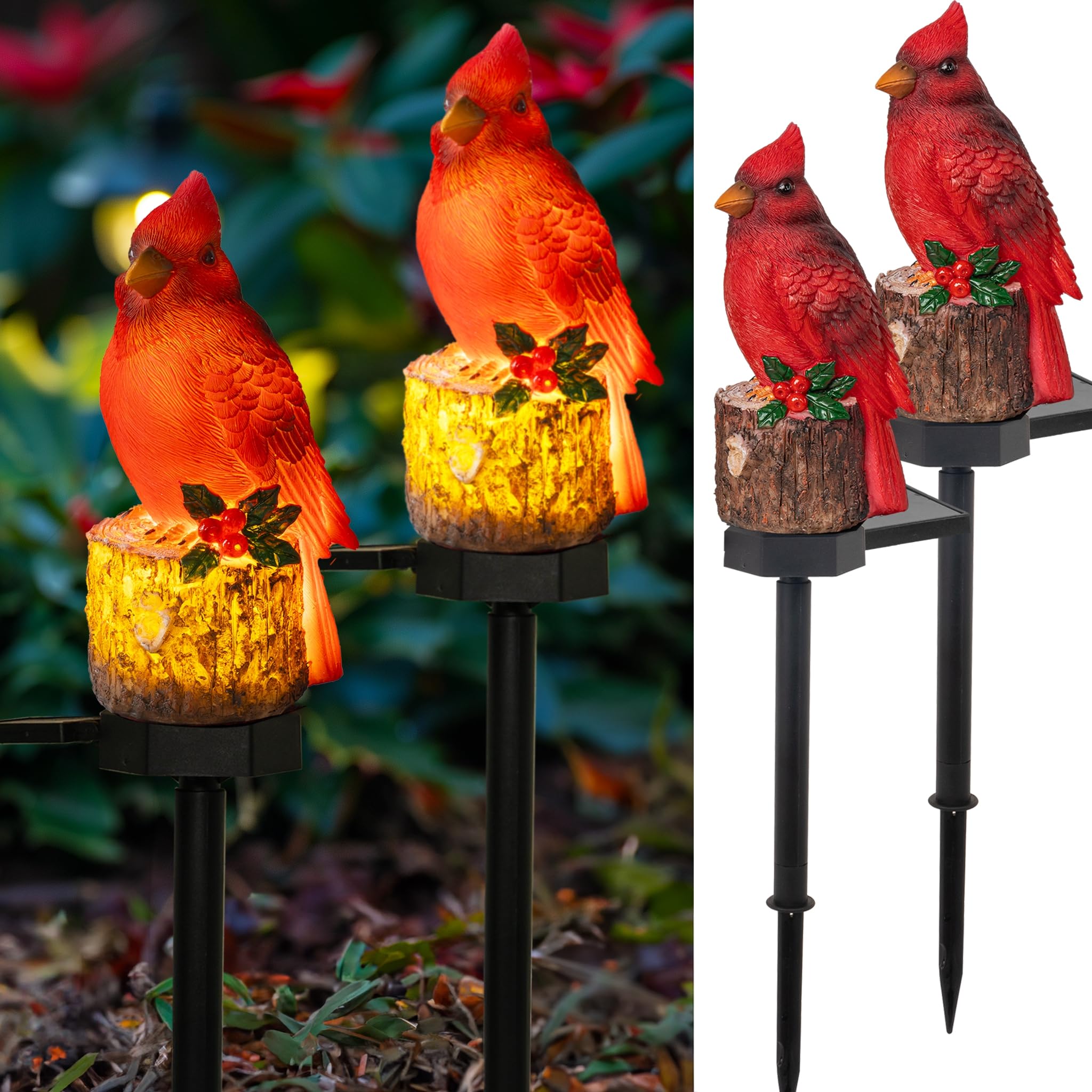 Dazzle Bright 2 Pack 22.5 in Cardinal Bird Solar Lights, Red Bird Solar Powered Lights Cardinal Garden Stake Light for Christmas