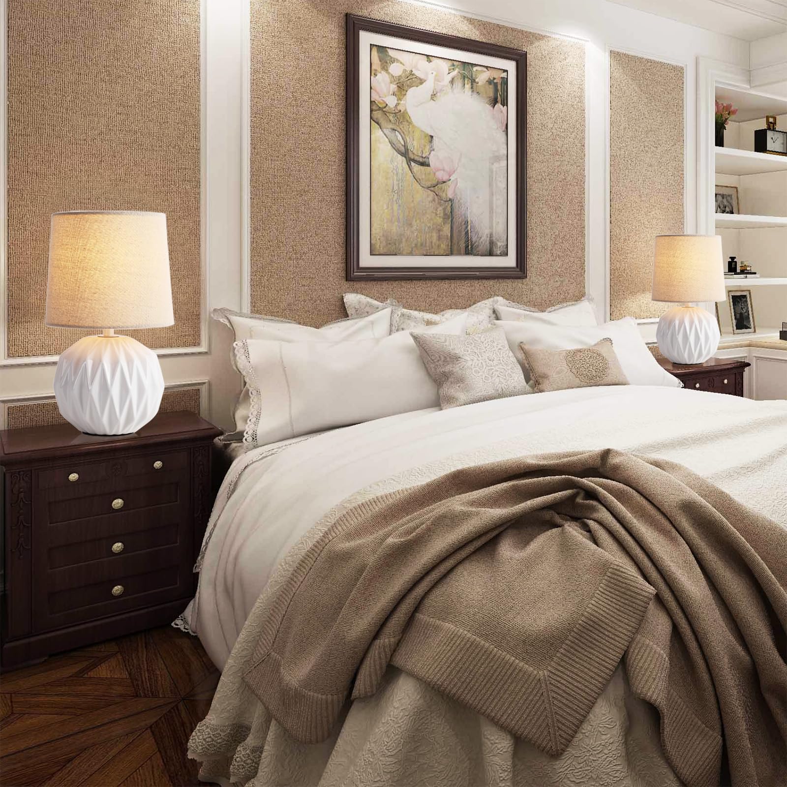 Somniferous Ceramic Bedroom Table Lamps Set Of 2, Small Bedside Lamp, White Lamp With Linen Shade, Mid Century Modern Nightstand Lamp For Bedroom Living Room Office