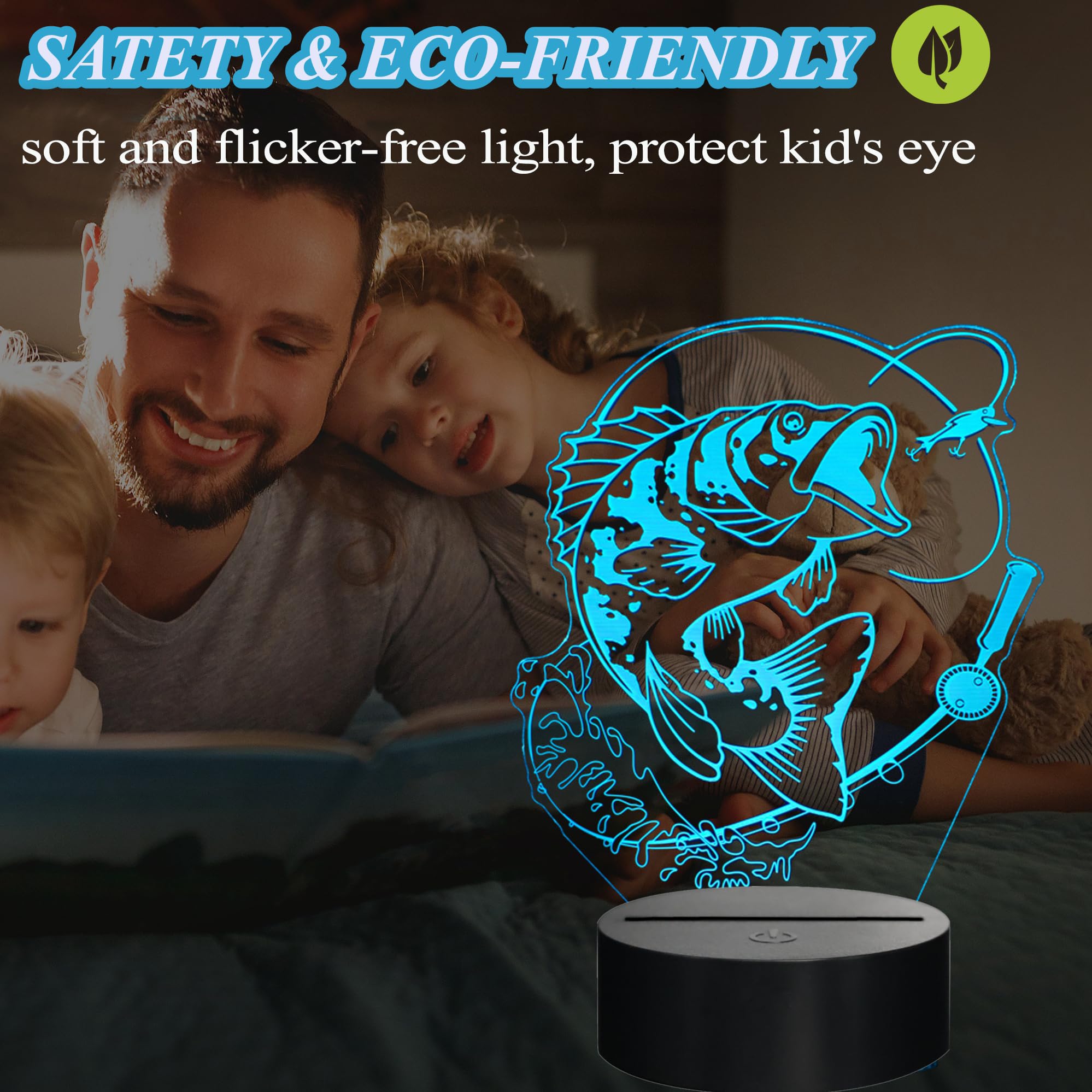 Posshe Fish Night Light, Fish 3D Illusion Lamp, Go Fishing Man Gifts With 16 Colors Changing, Remote Control, Dimmable, Kids Roo