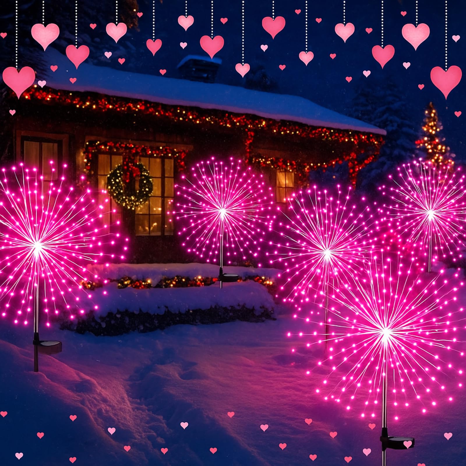 Tujoe 6 Pack Pink Christmas Solar Firework Lights 180 LED 8 Lighting Modes Waterproof Outdoor Decorative Solar Lights for Xmas W