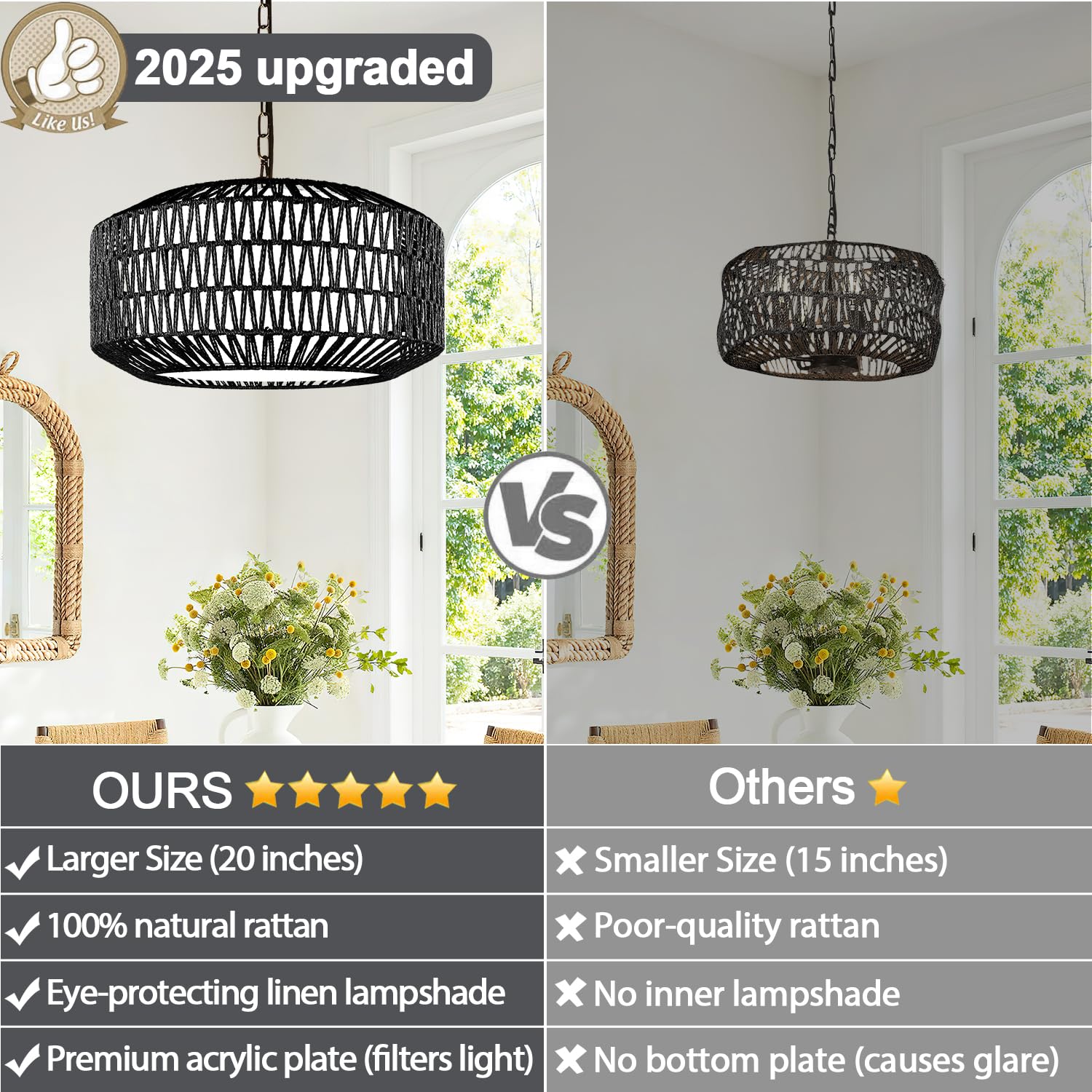 Lynnoland Farmhouse Black Chandelier Light Fixture  5-Light Rustic Boho Chandeliers With Rattan & Linen Shade  Black Hanging Lighting For Dining Room  Kitchen Island  Bedroom (Bulbs Not Included)