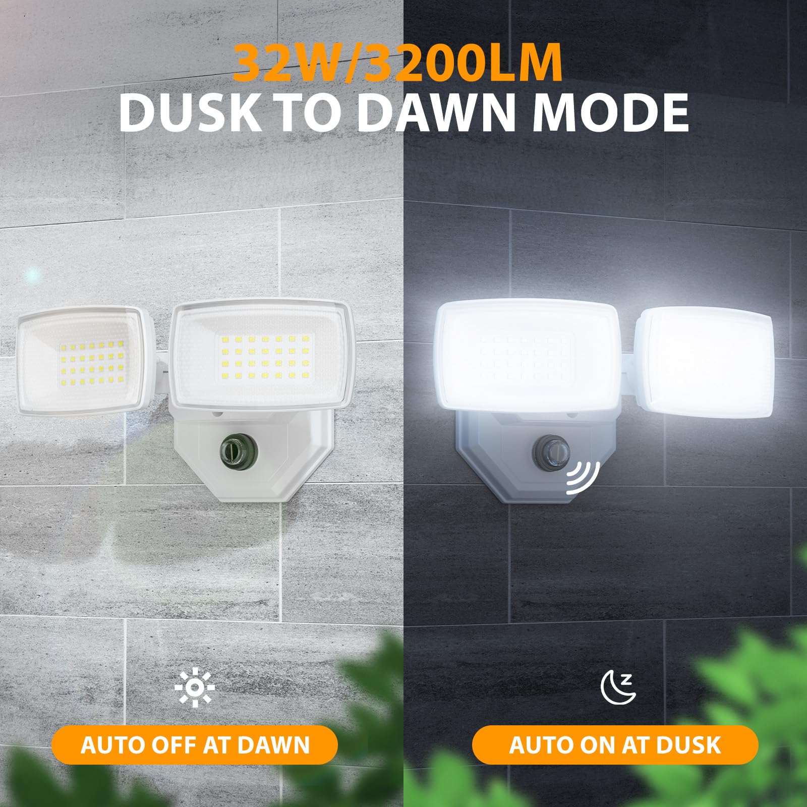 Onforu 32W Dual-Head Dusk to Dawn Flood Light, 3200LM, 6500K, Waterproof, White Outdoor Security Lighting for Patio Garden