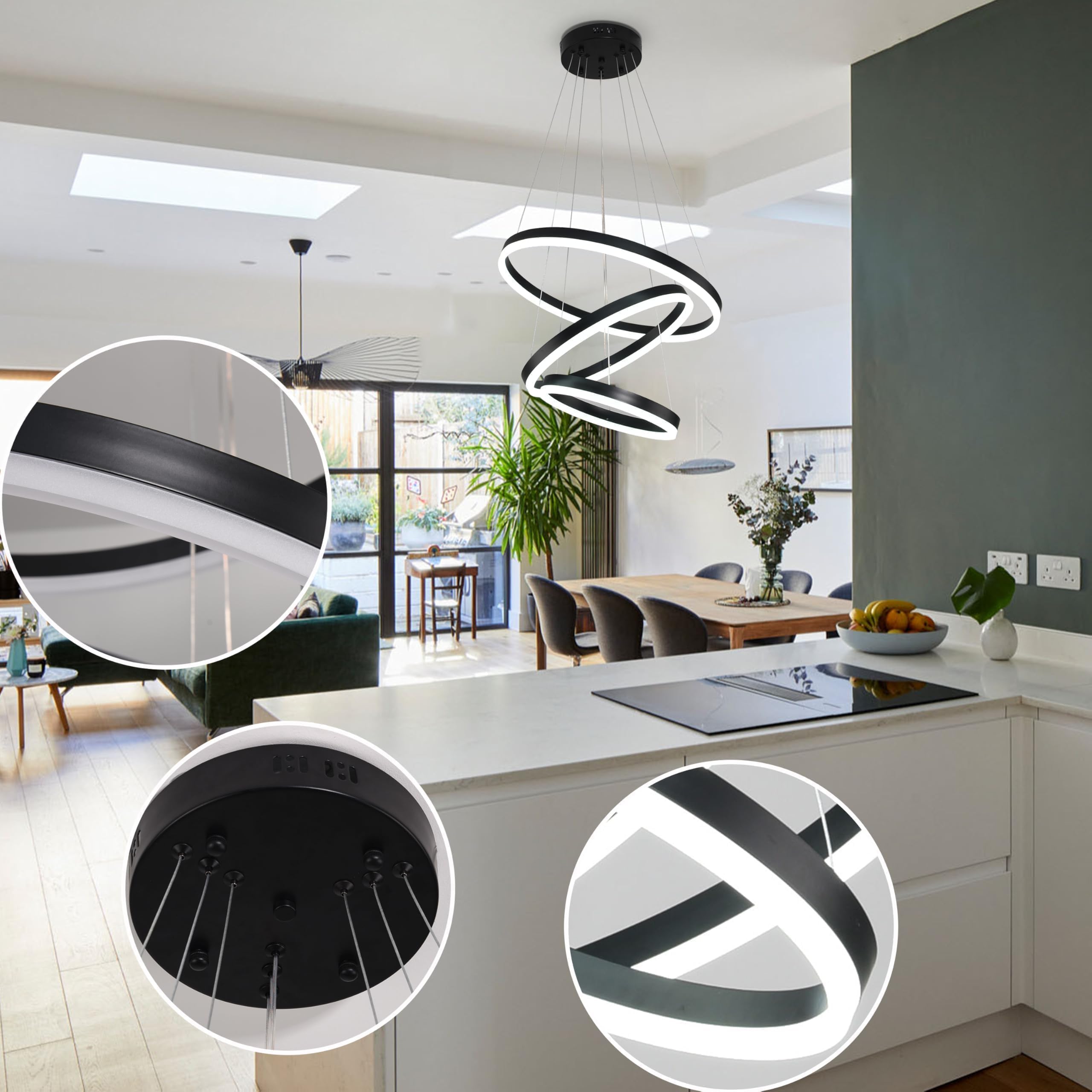 Mccokaige Modern LED Chandelier, Dimmable 3 Rings, Height Adjustable, Black, Metal, Model YK-345-H, Ideal for Living Room, Dining Room, Bedroom