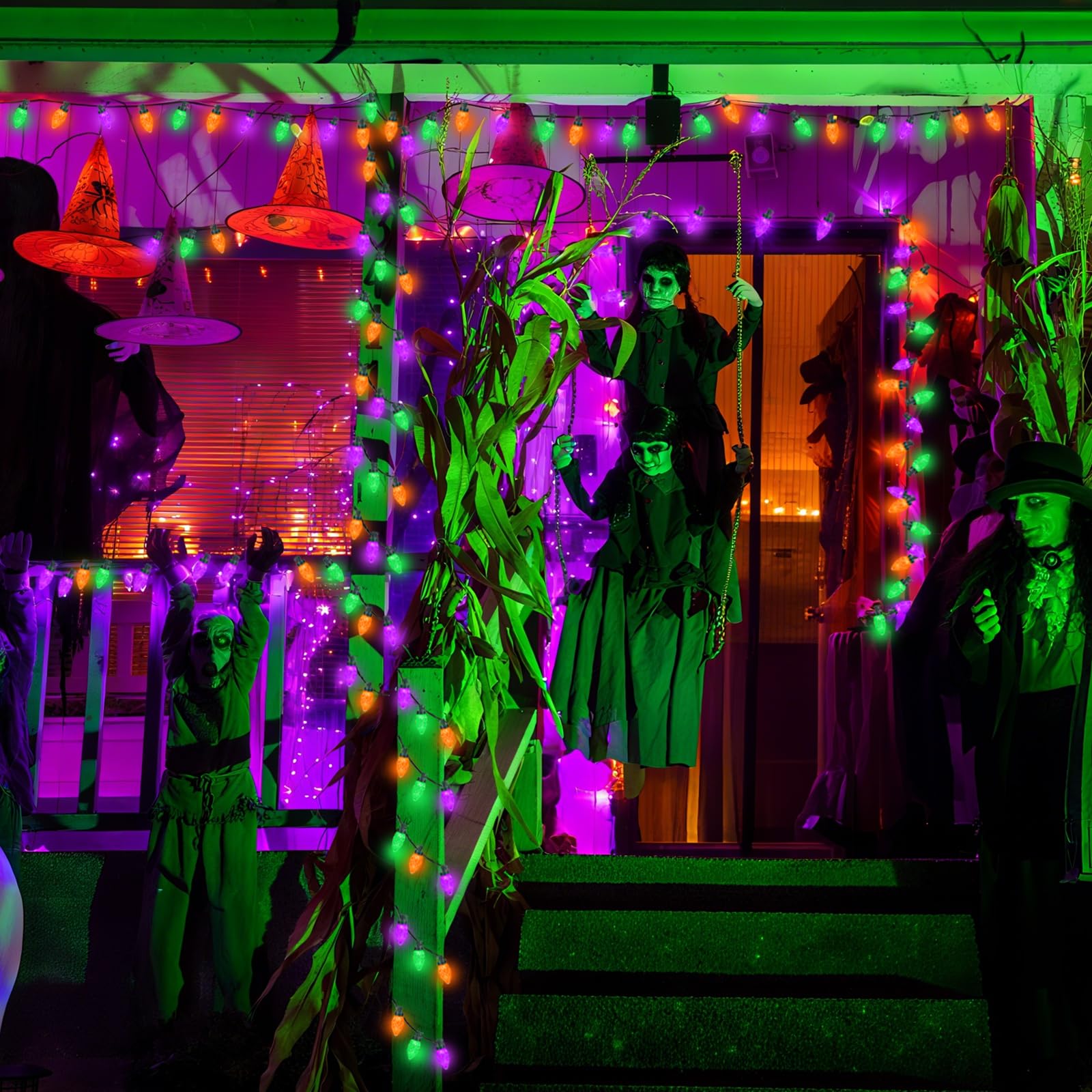 KAQ 100LED C9 Halloween Lights - Waterproof 98FT String Lights, Orange Purple & Green, 13 Modes, Indoor Outdoor Decor