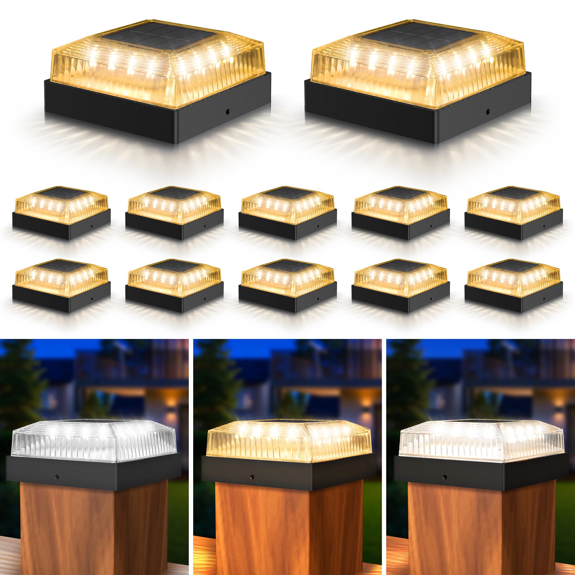Toeuie Solar Post Cap Lights, 12-Pack Fence Post Solar Lights for 4x4 Wood/Vinyl Posts, IP65 Waterproof, 10-12 Hours of Illumina