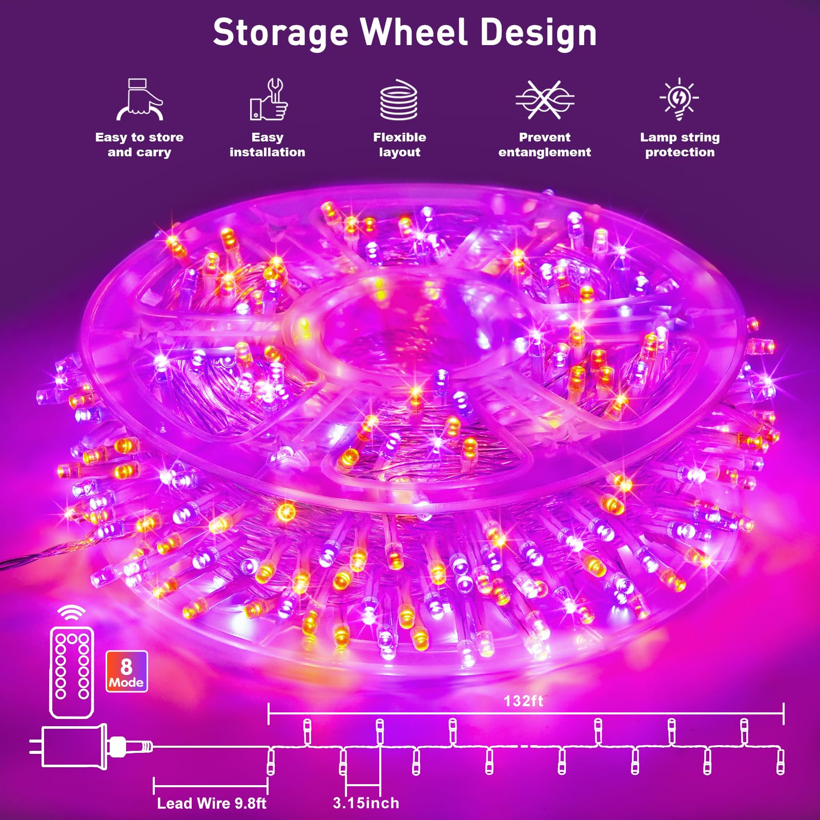 JMEXSUSS Halloween String Lights, 400LED, 132ft Clear Wire, 8 Modes, Orange and Purple, Model EXS-S-0400-R