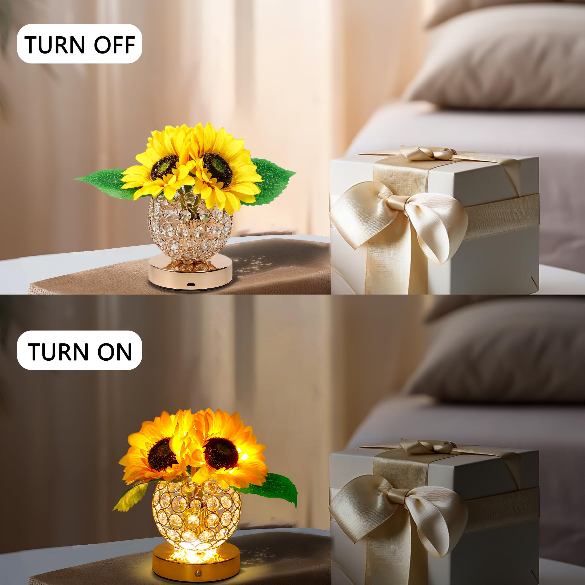 Silk Sunflower Crystal Vase Led Lamp For Womens Gifts, For Womens Mom Dughter Wife Friends Girlfriend Her Valentines Anniversary