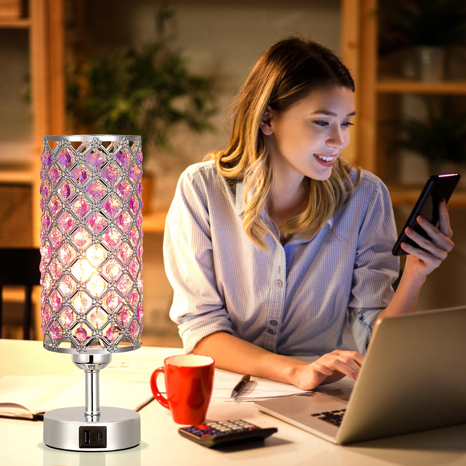 Hong-In Purple Lamp For Girls Room-Crystal Touch Lamp With Usb-C+A Ports,3 Way Dimmable Bedside Light With Crystal Shade For Bed