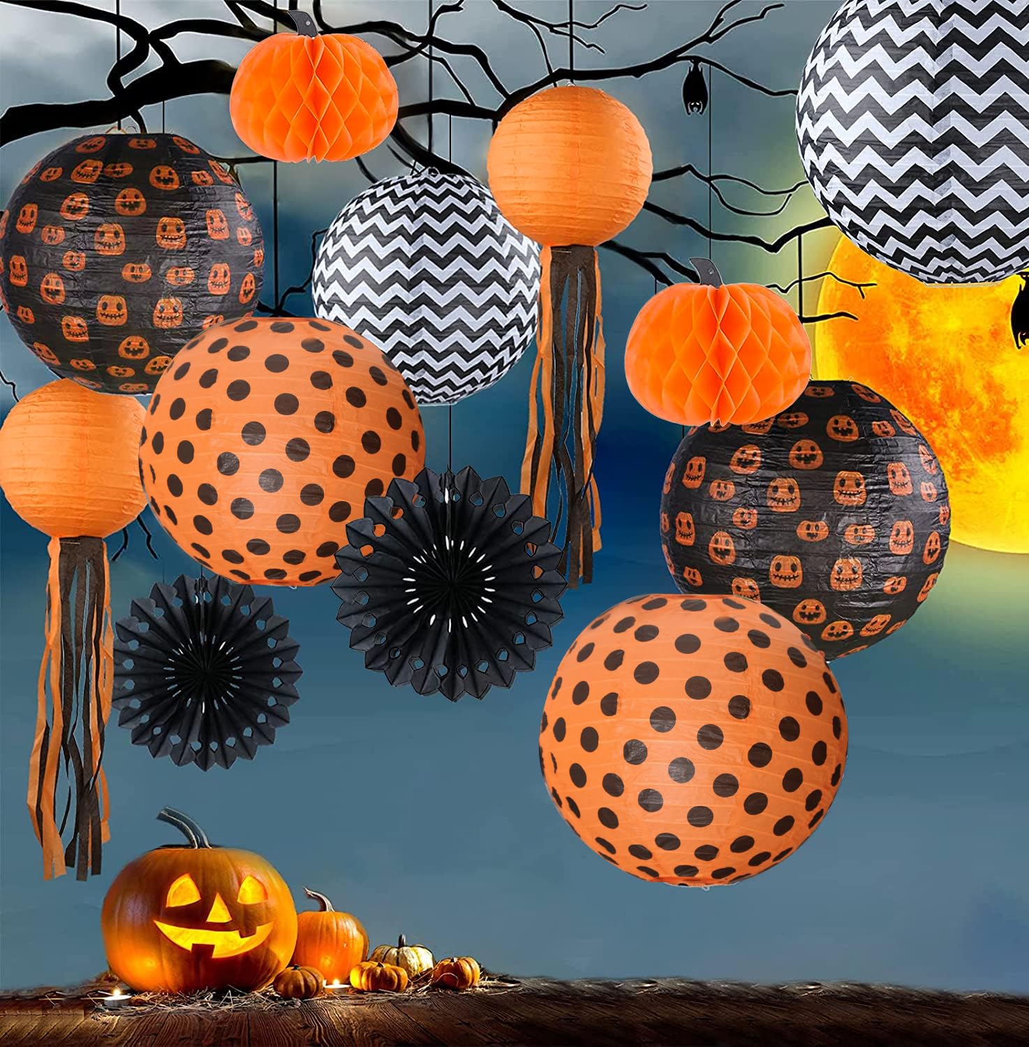 UNIQOOO Halloween Paper Lantern Set, 12 Pack, Black Orange Polka Dots & Wave Prints, Indoor/Outdoor, 12in & 8in