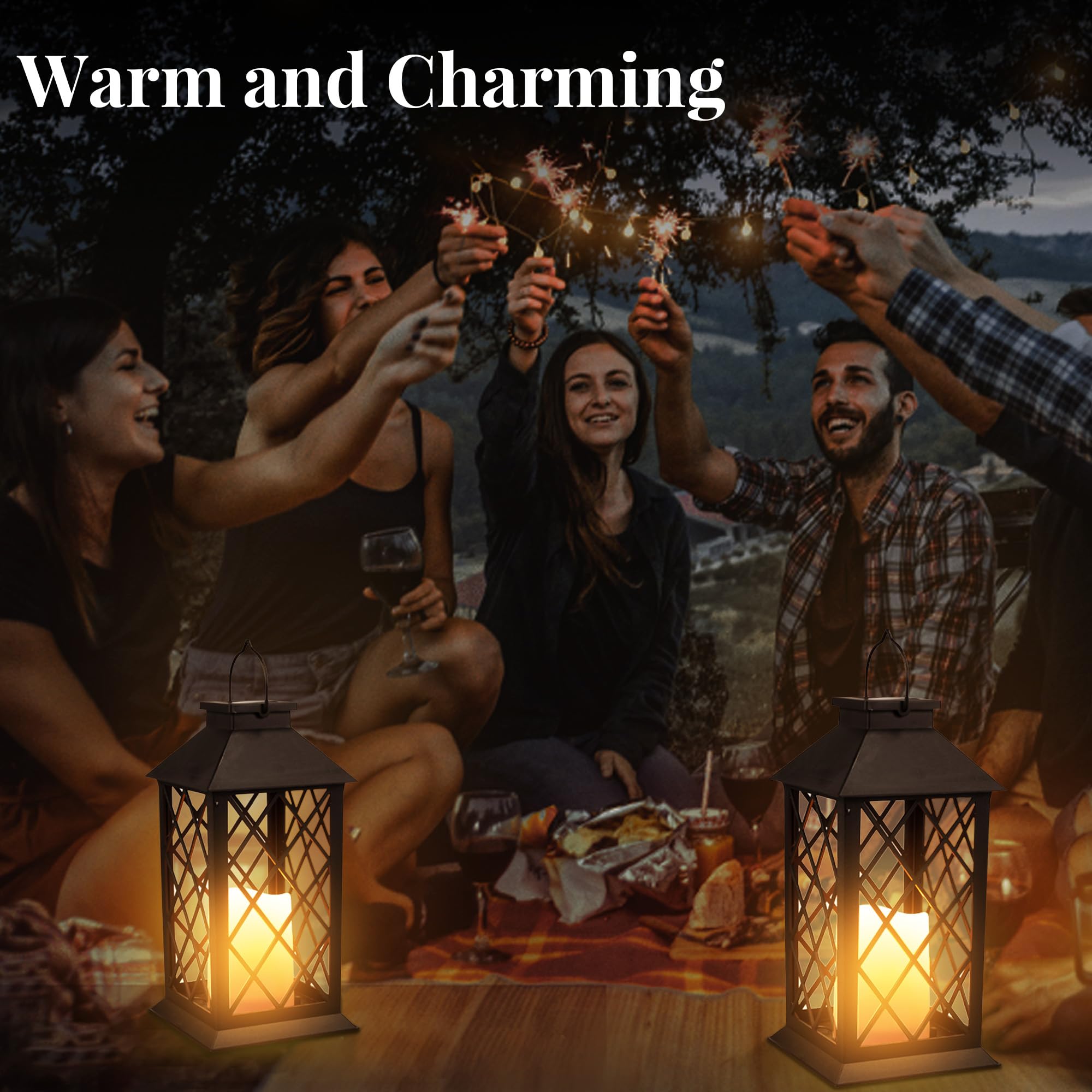 Meonum 2 Pack Solar Hollow Lanterns - Waterproof Led Flickering Flameless Candle Lights, Black