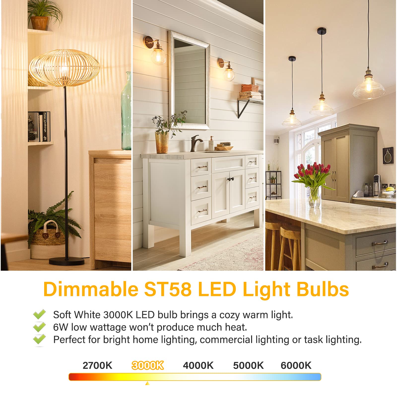 Maxvolador Vintage Led Edison Bulb Dimmable 60W Equivalent 850 Lumens, 6W Edison Light Bulbs 3000K, Antique St58 Led Filament Bulb E26 Base, Pack Of 4