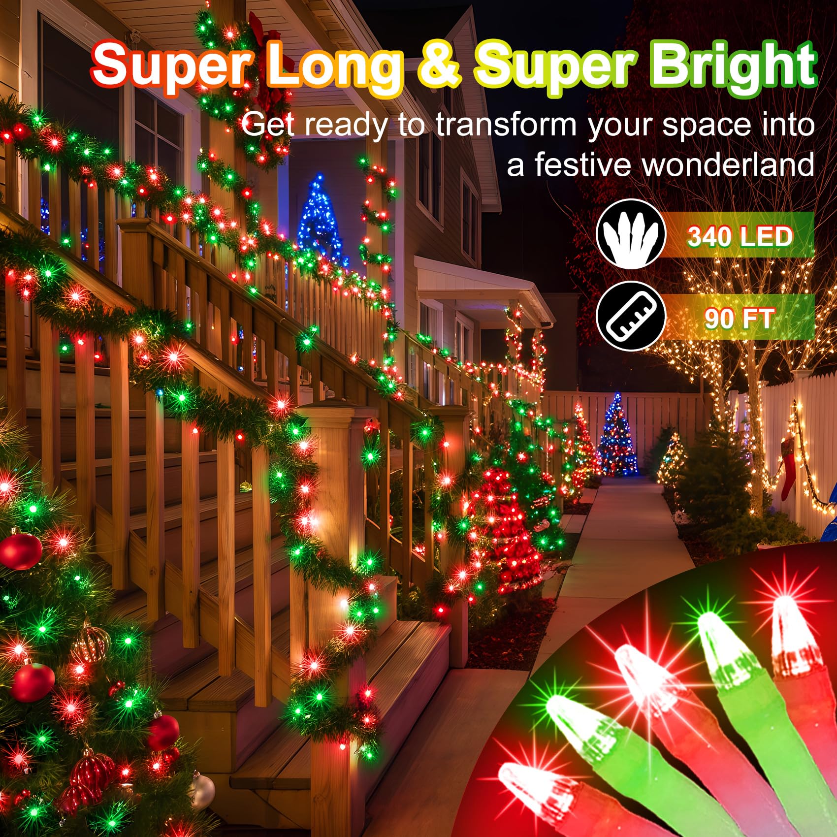 340 Led 90Ft Christmas String Lights Outdoor  12 Pro Modes And Timer Memory & Brightness  Plug In Outdoor Waterproof Clear Wire Twinkle Light For For Xmas Yard Tree Wedding Party Decor (Red & Green)