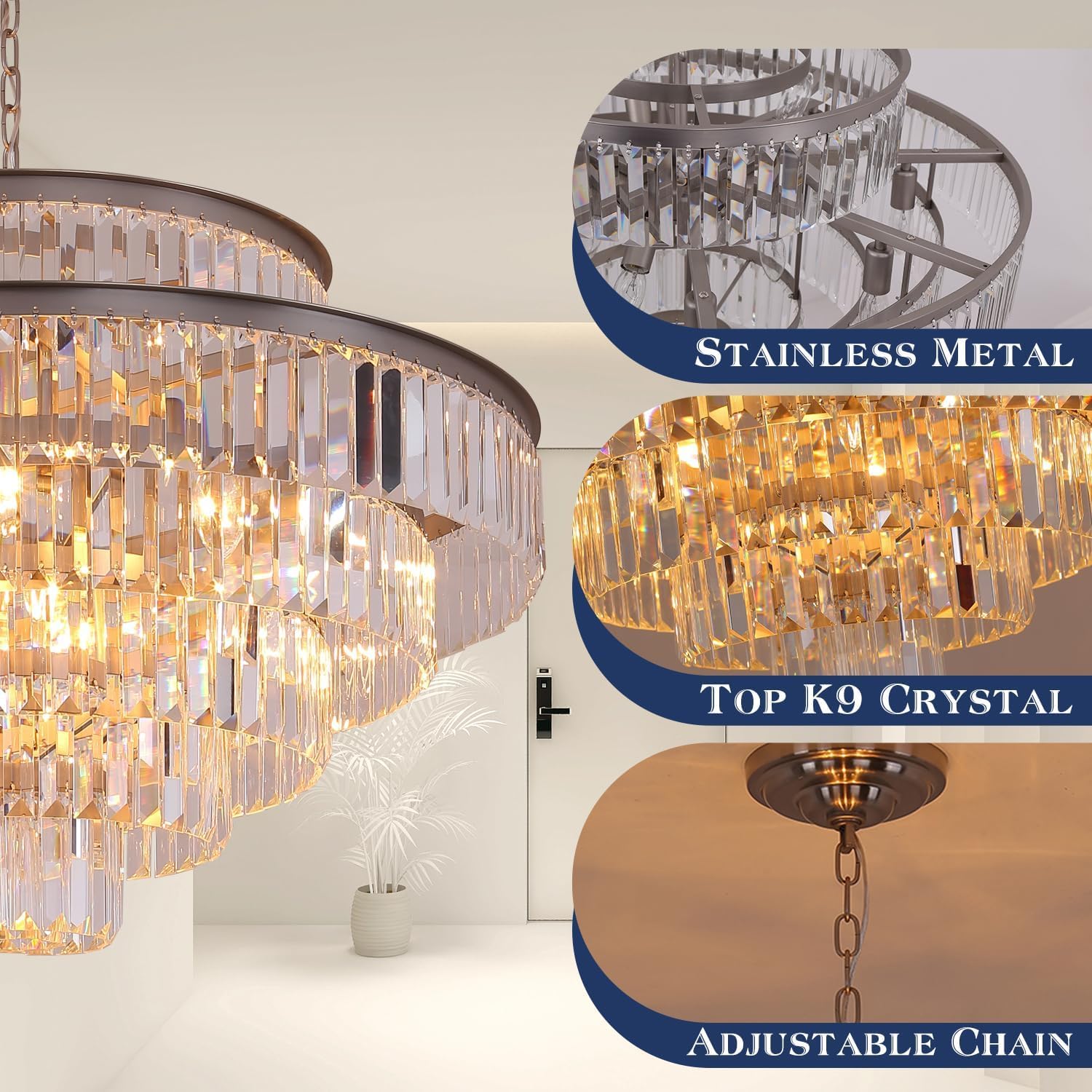GMlixin Crystal Round Chandelier, 31 Inch, 7-Tier, 17-Lights, Nickel Finish, Model GM2950-800-N for Dining Room, Living Room, Bedroom