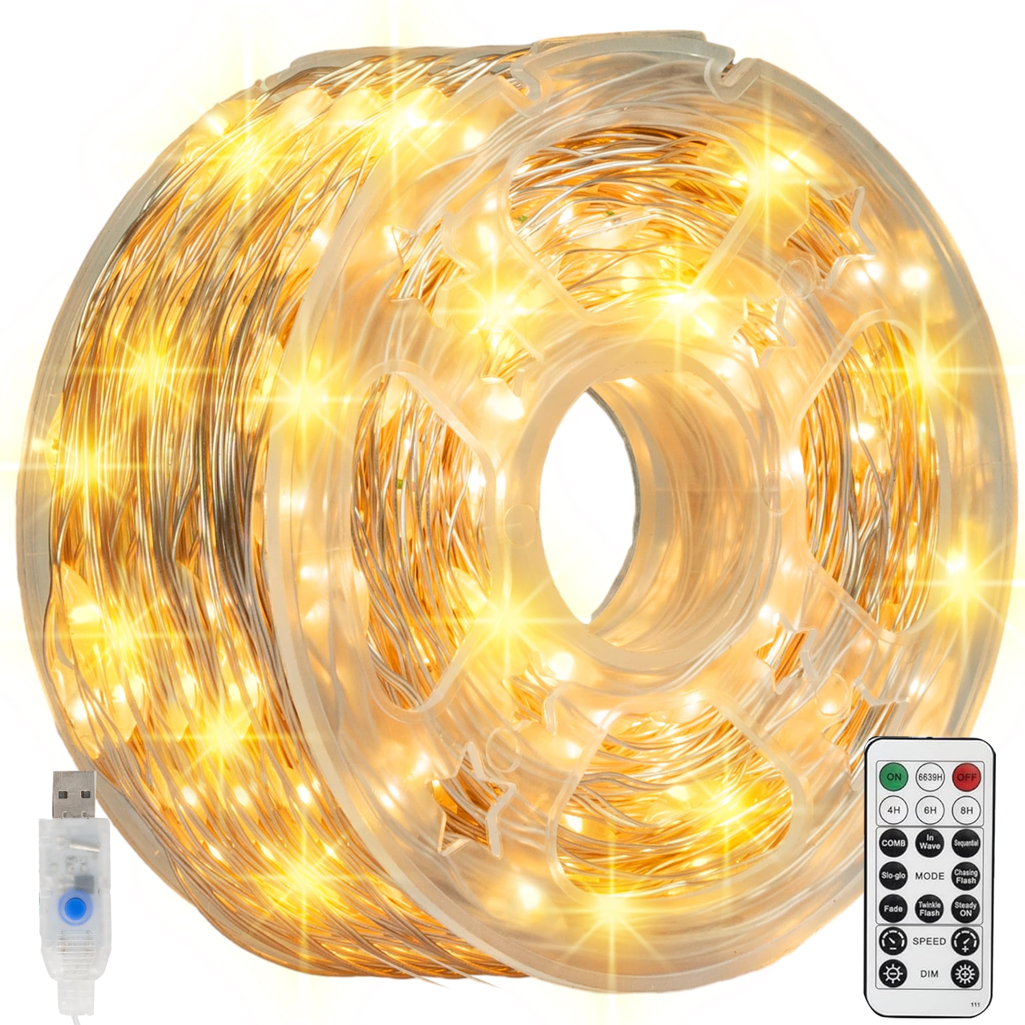 Dazzle Bright Fairy Lights, 66 FT 200 LED USB Power Photo String Lights with Remote, 8 Modes Waterproof Dorm Lights for Home Indoor Party Tree Yard Christmas Decorations (Warm White)