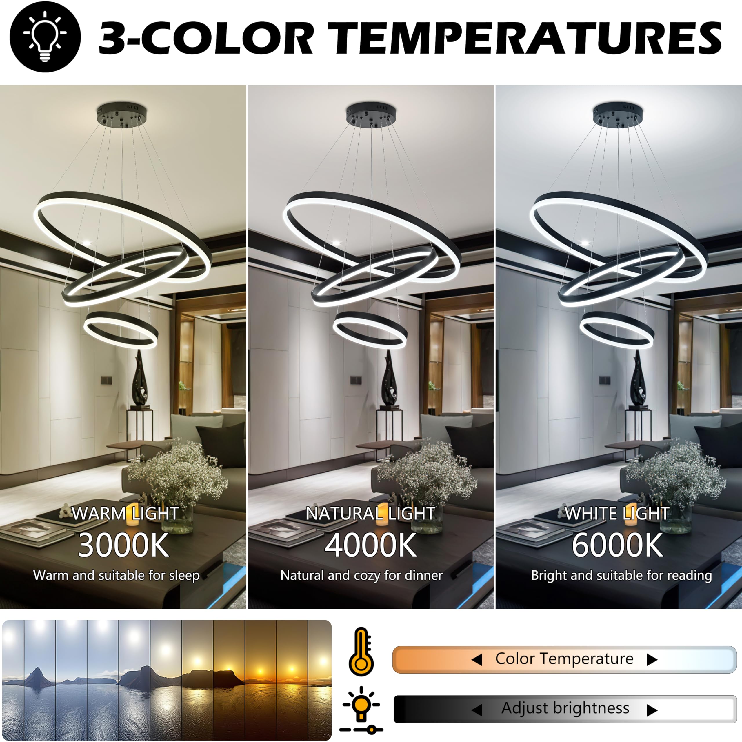 Mccokaige 31.5'' Black Modern Led Chandelier 3 Ring Modern Led Pendant Light Contemporary Ring Chandeliers Dimmable Chandeliers