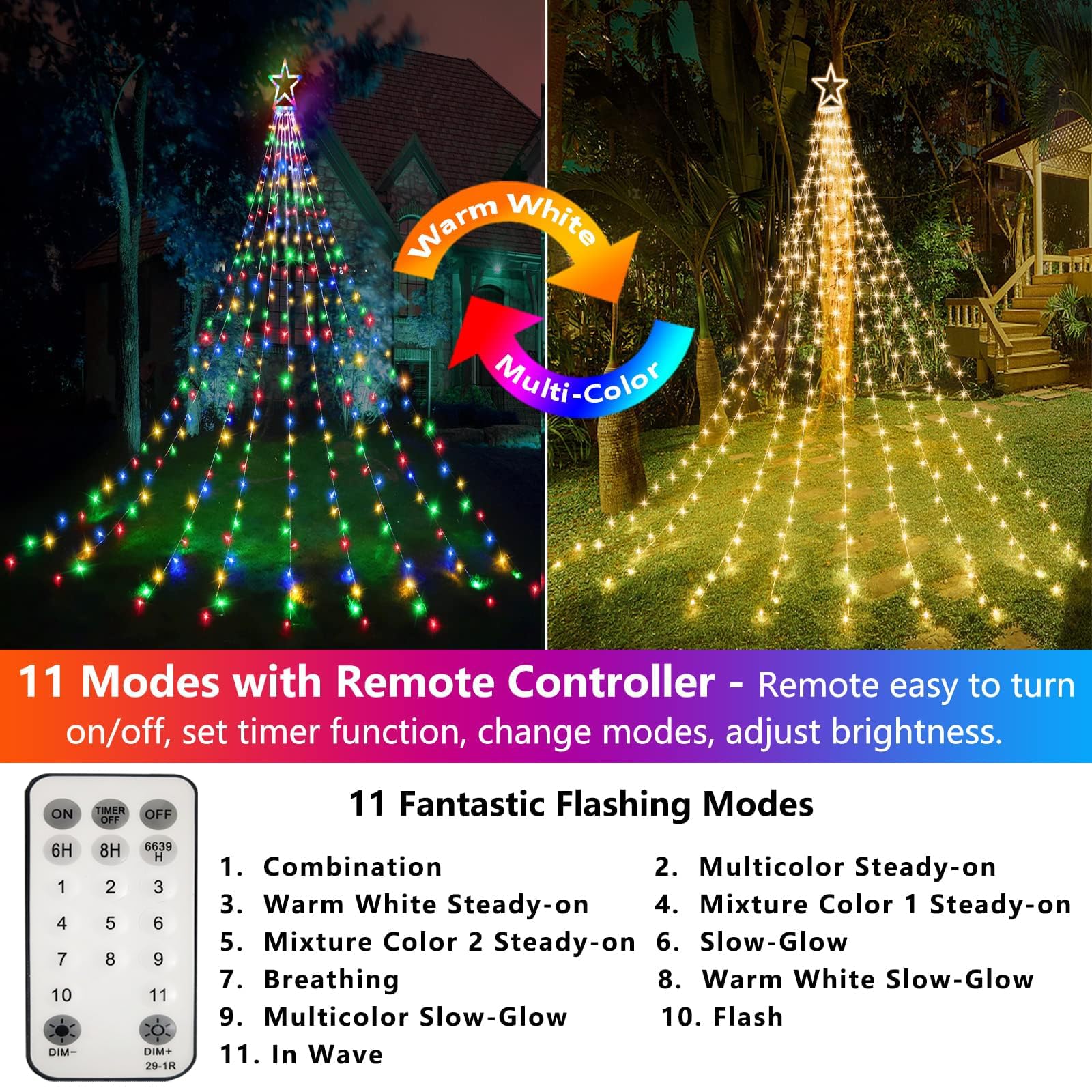 Decute Star String Lights, Color Changing 11 Modes, Waterproof, 320 LED, Warm White + Multi-color, Model GP-SW290DC0209-IP44(US) A