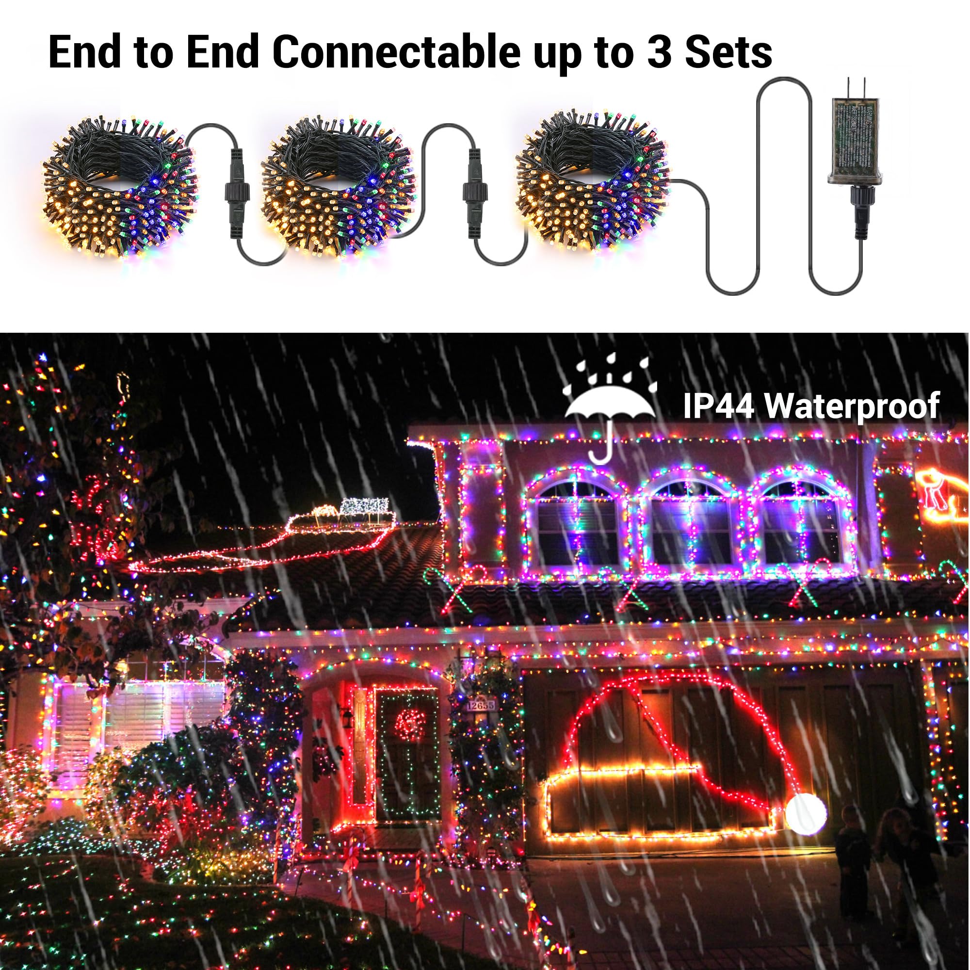 BrizLabs Color Changing Christmas Lights, 300 LED, 115ft, Warm White & Multicolor, 11 Modes, 24V Safe Adapter, Model GP-SW240DC0300-IP