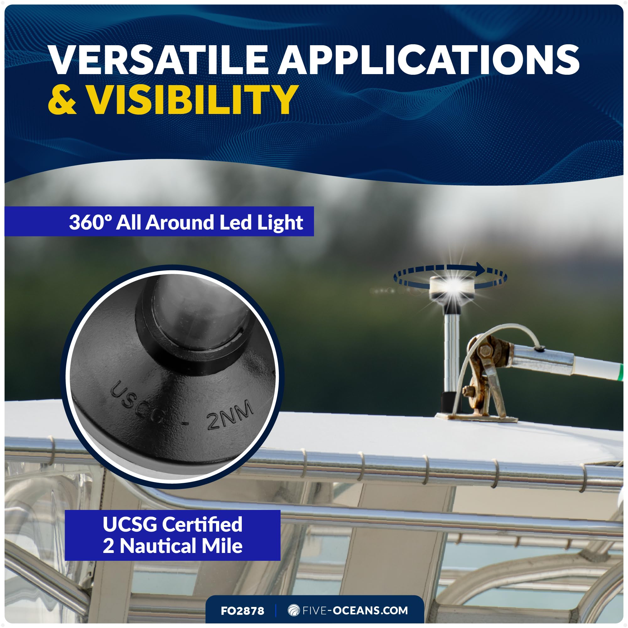 Five Oceans 9-Inch LED Anchor Light, USCG 2NM Certified, Fold-Down Design, High-Impact Aluminum, Model FO2878, Clear Lens