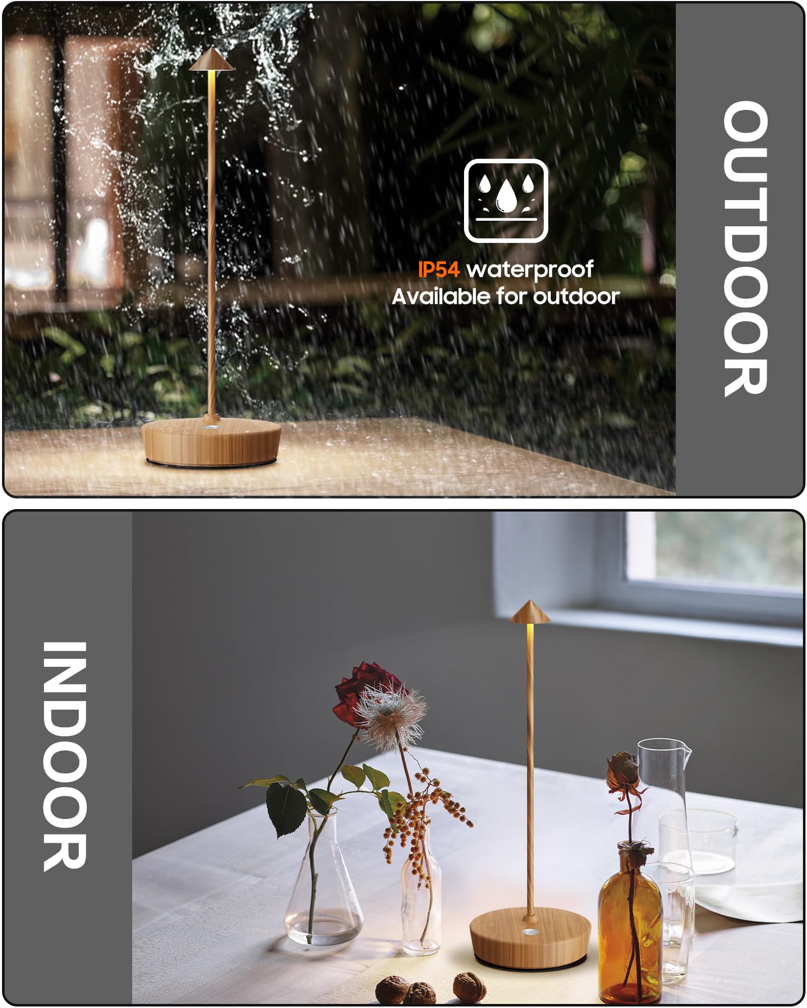 SHANGCAI Cordless LED Table Lamps, Waterproof, Touch Dimmable, 6000mAh Battery, 2 Pack Bamboo Wood, Model SC-2PX12-Wooden