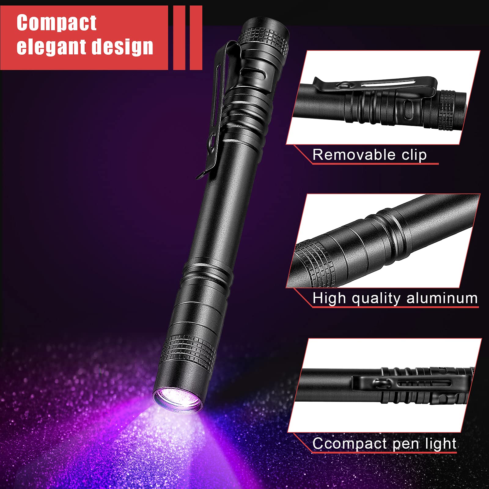 Honoson UV Black Light Flashlight, 2 Pieces, Aluminum, 5.2 Inches, Black, Model Honoson- Room Inspection-06