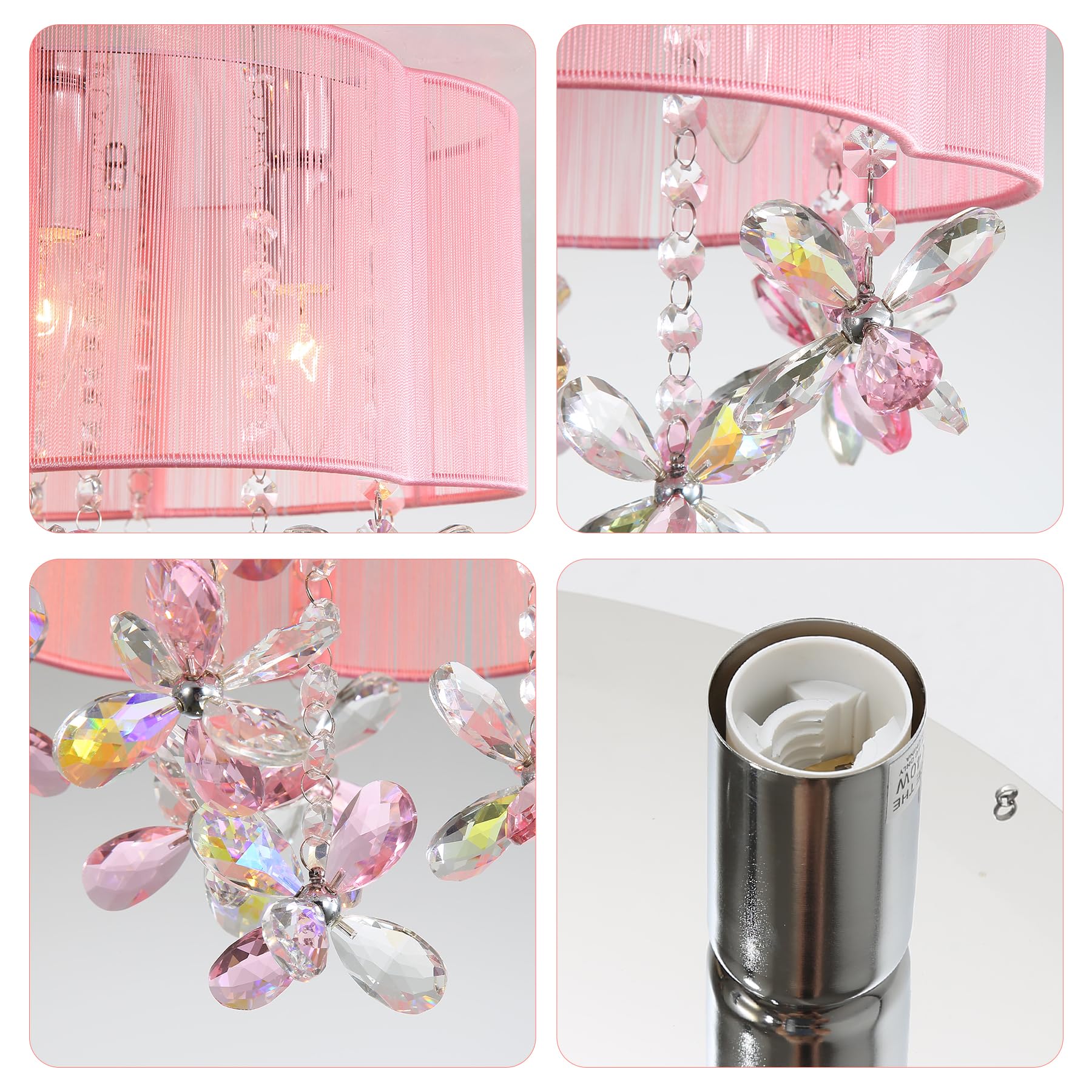 TRIBILLION 3 Light Pink Crystal Mini Chandelier 13" Flush Mount with Handmade Flower Lampshade for Girls' Bedroom, Nursery, Dinning Room