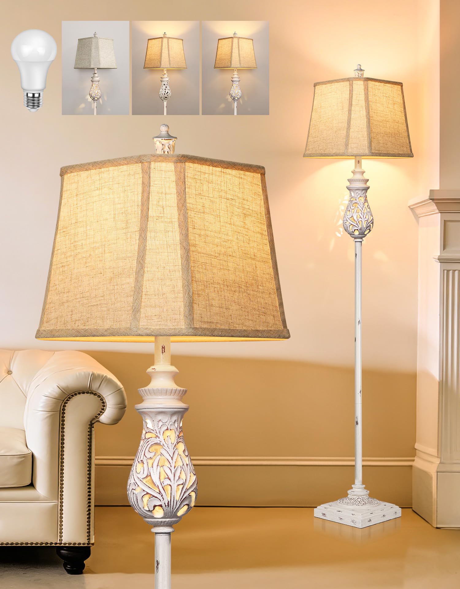 64 Vintage Floor Lamp with Nightlight, Rustic Farmhouse Tall Standing Lamp with Rotary Switch and Beige Linen Shade for Living