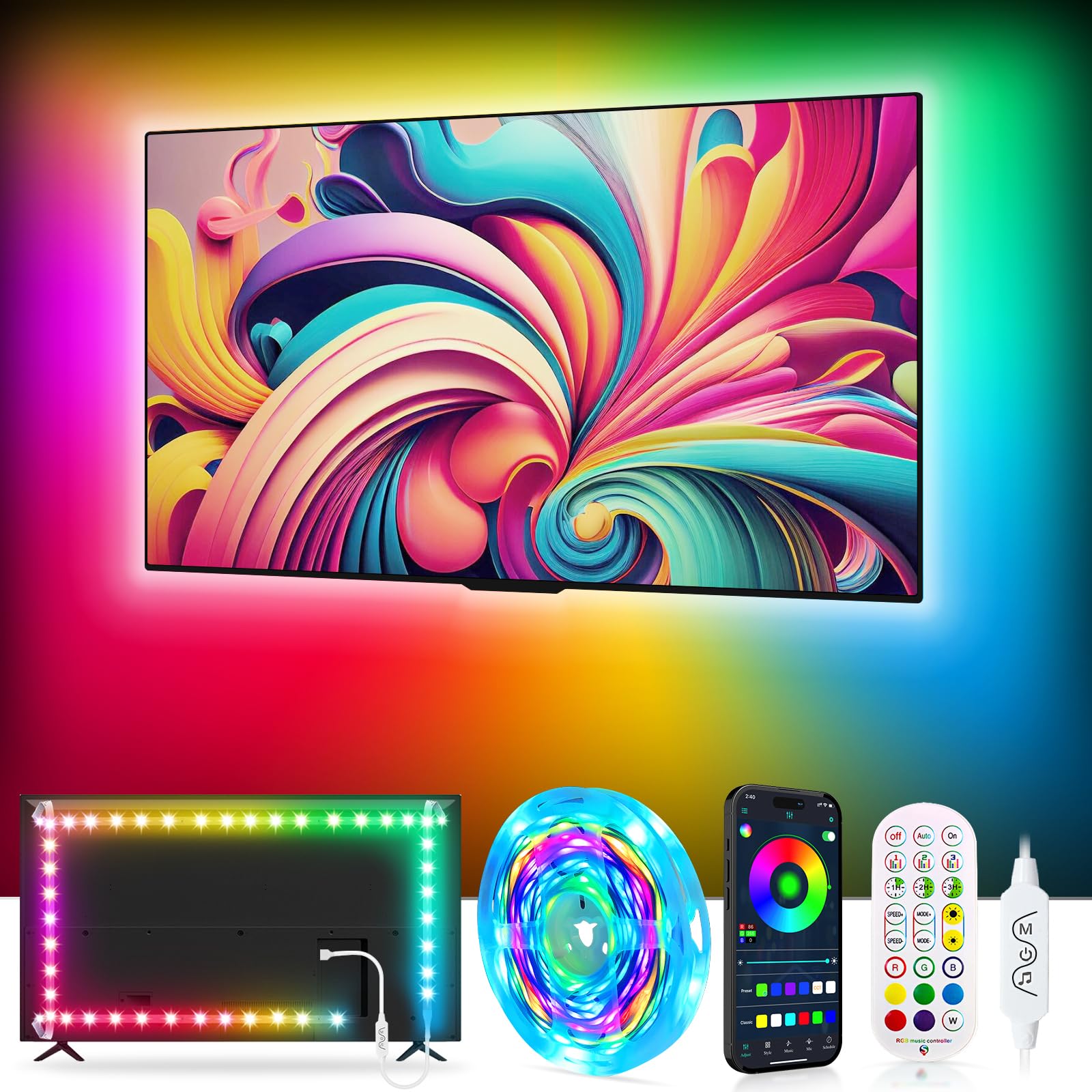 MORIACC Smart TV LED Backlight, 13.1FT ICRGB LED Lights for TV,for 43-55 Inch,with Remote and App Control, Music Sync Color Chan