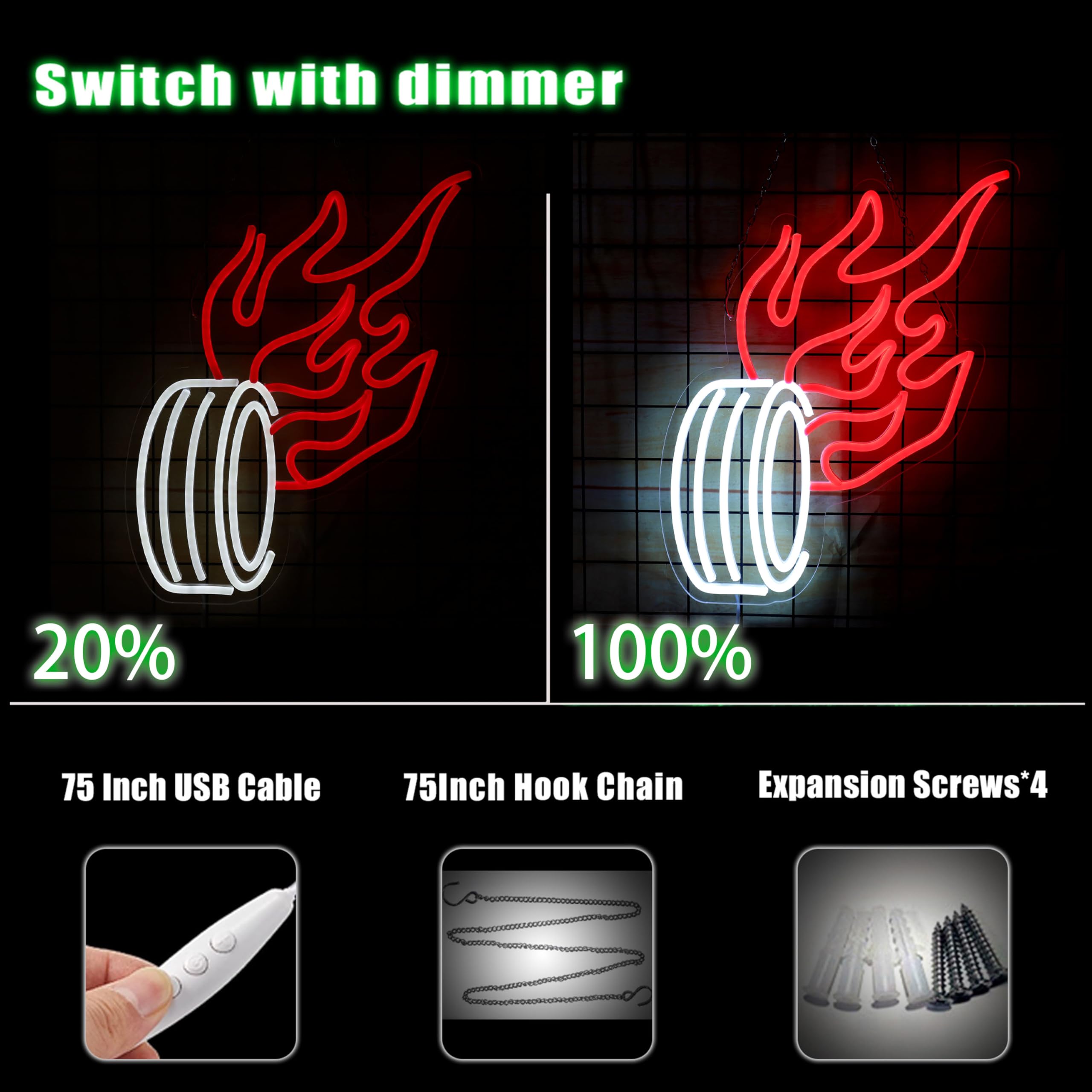 LeDigPig Fire Car Neon Sign LED Light Up Wall Art 12.6inx16.5in Wheel-Red Acrylic Decor for Man Cave Garage