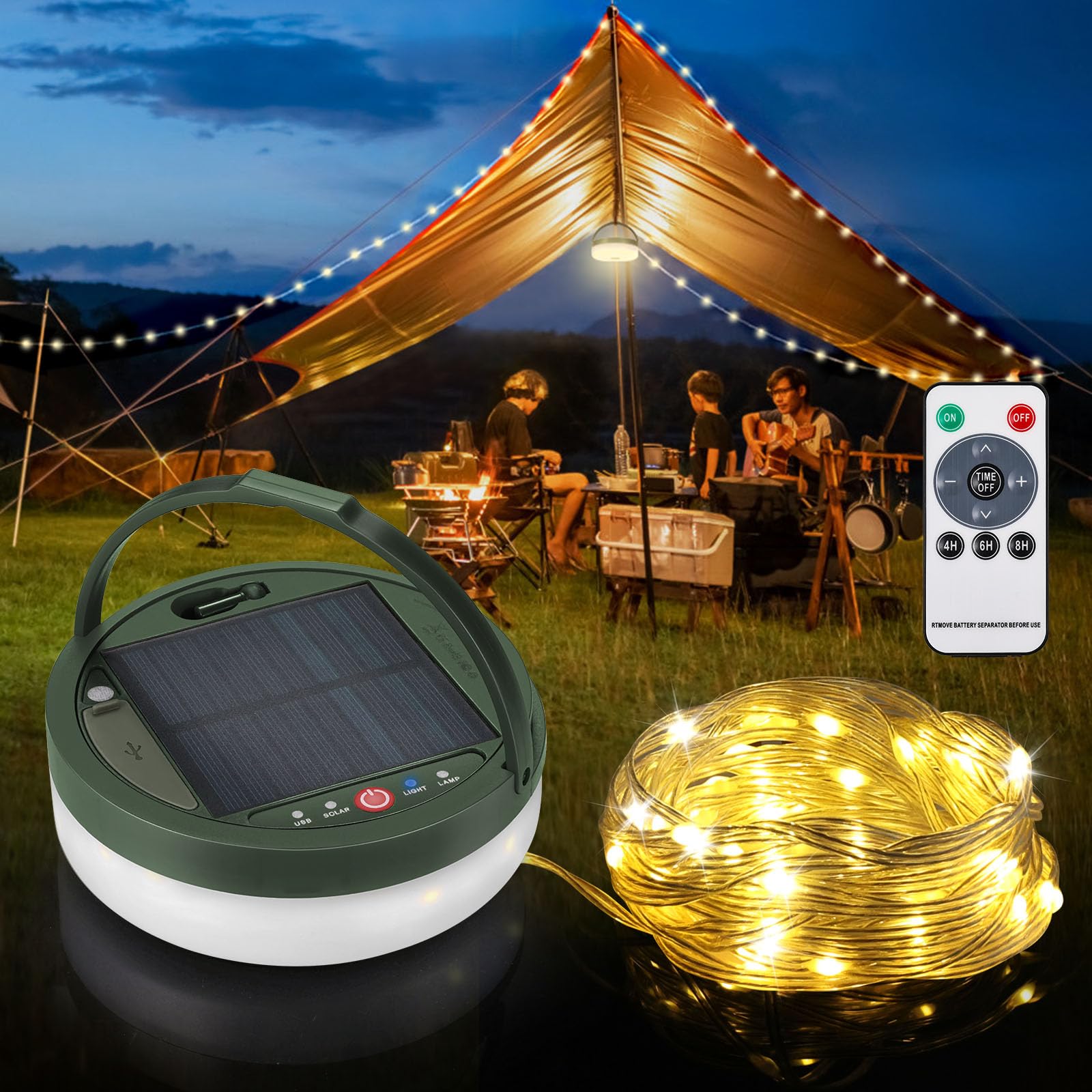 Anpro Solar Camping String Lights, 150 LEDs, 39.4ft, USB Rechargeable, Remote Control, White, Model ACANTY0101