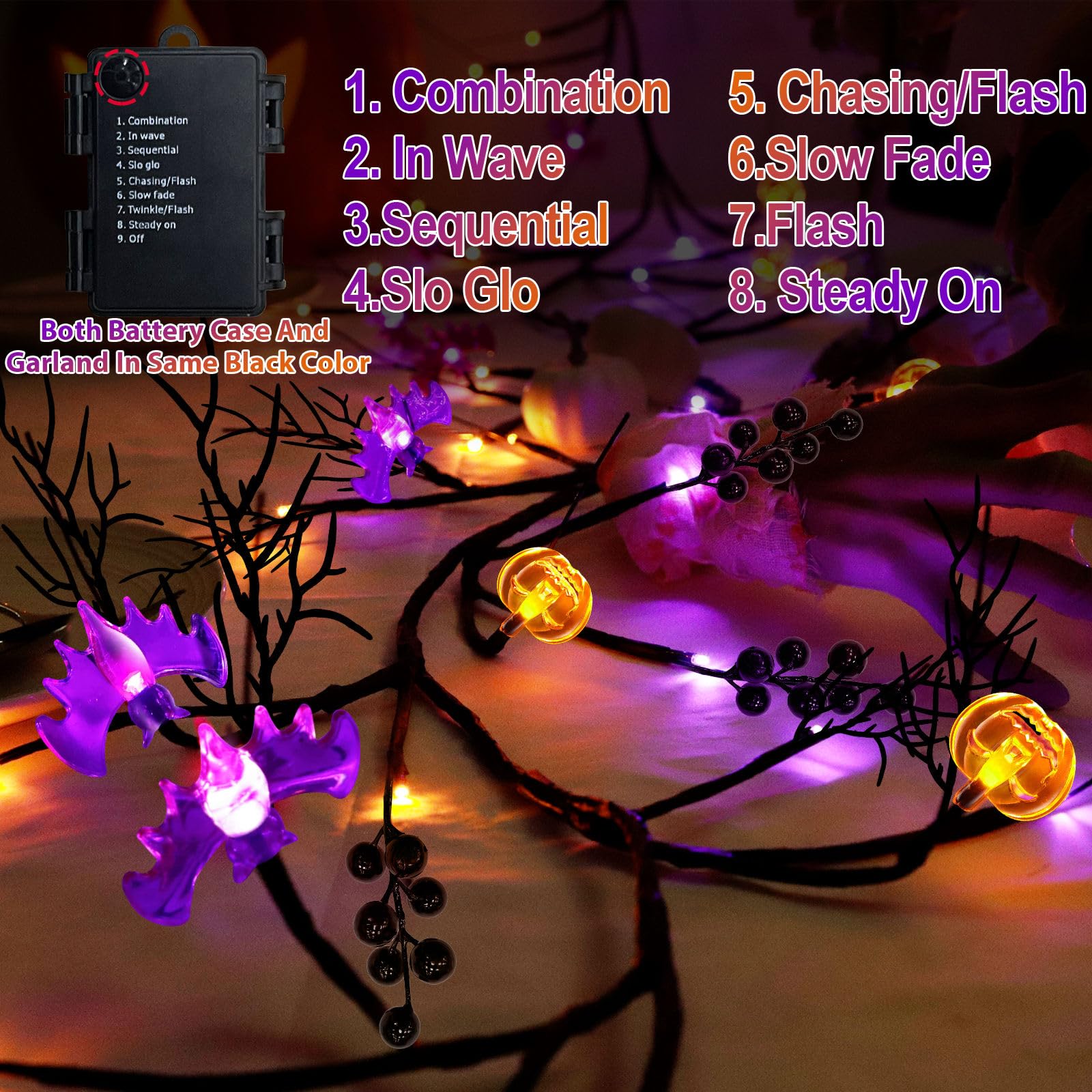 TURNMEON Remote Control Extra Long 9 Ft 72 LED Orange Purple Lights Halloween Willow Twig Decor Halloween Garland Timer 8 Modes