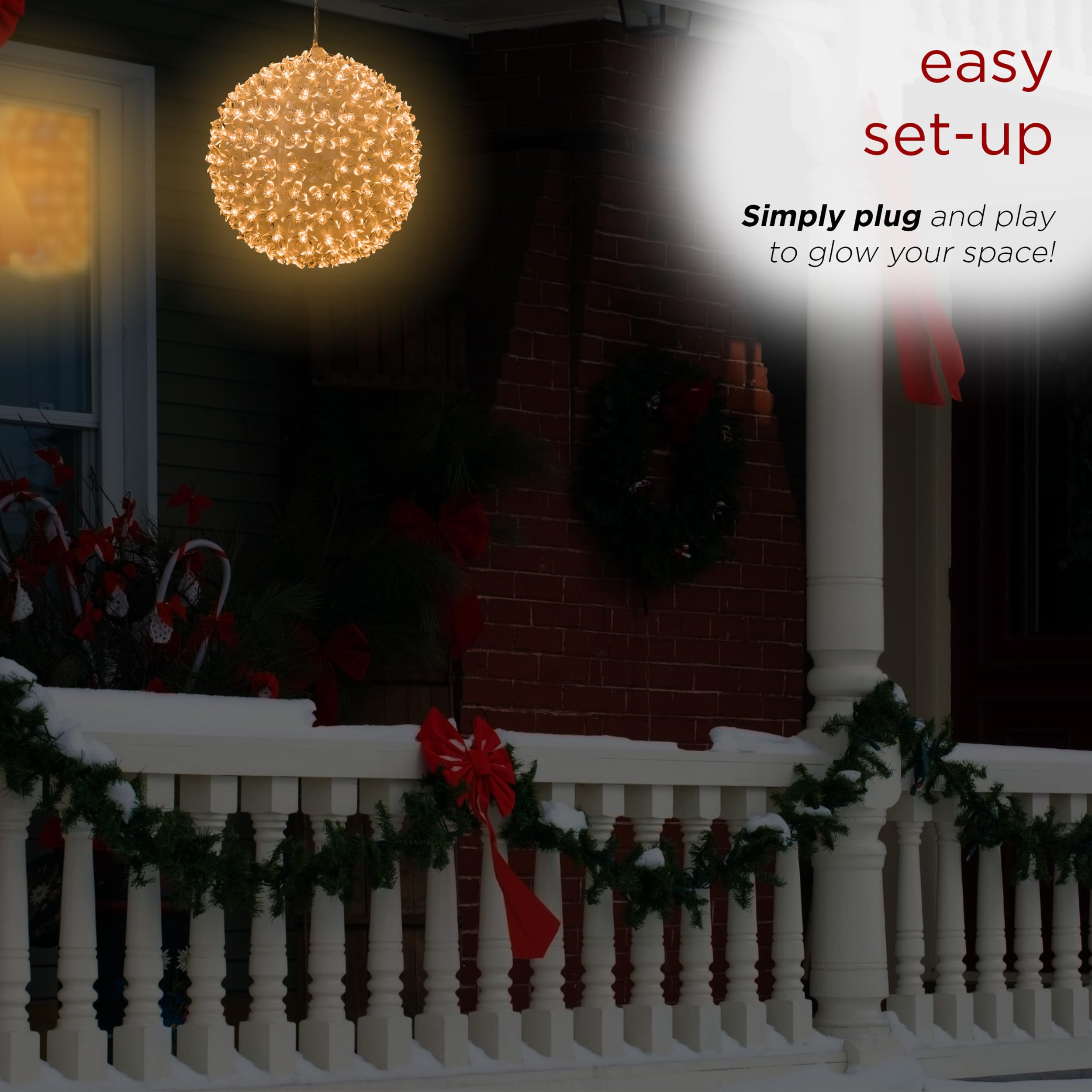 Alpine Corporation Twinkling Sphere Ornament with Warm White LED Lights, 8in Hanging Decoration, Indoor/Outdoor, White, Model COR109WW