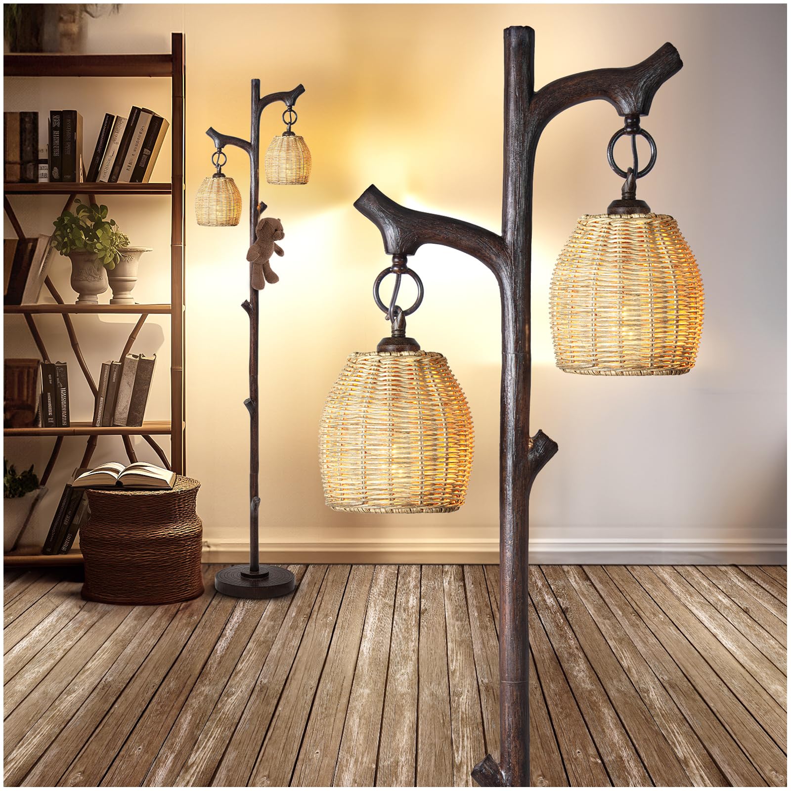 68'' High Farmhouse Rustic Country Cottage Floor Lamp Tree Trunk Faux Wood Column Dark Bronze Wicker Drum Shade Decor for Living