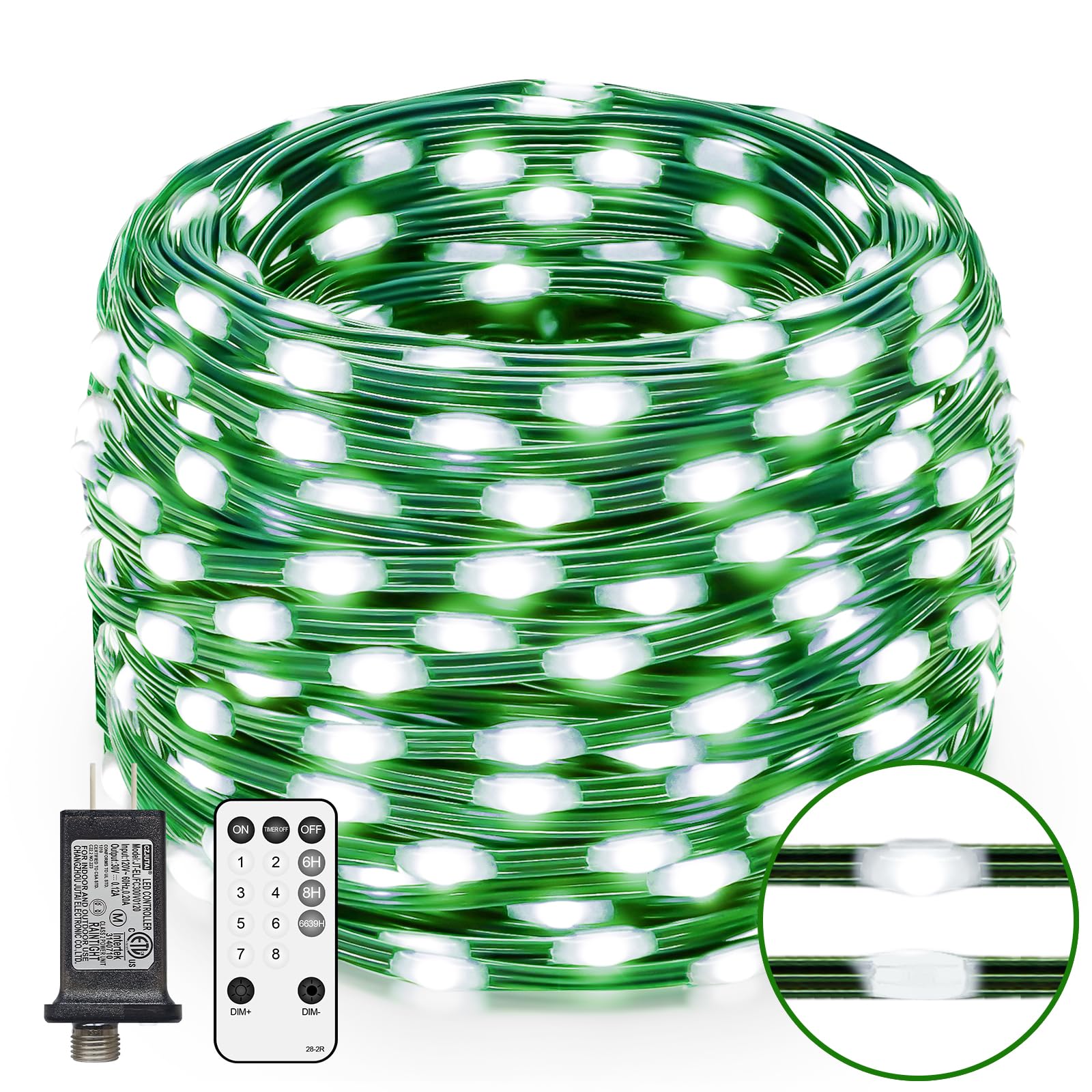 ROADAYLY LED String Lights, 180 LEDs, 59 FT, Cool White, Waterproof Green Wire, Remote Timer, 8 Modes for Outdoor Christmas Decorations
