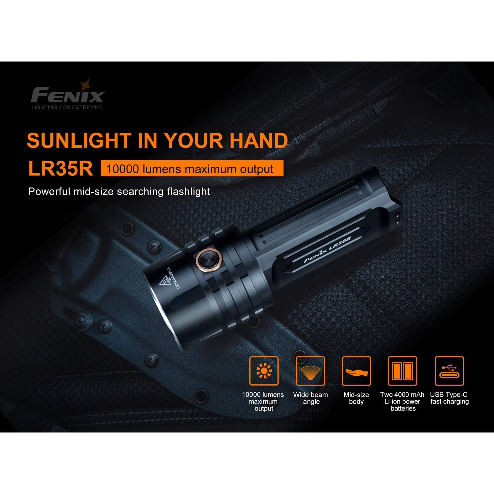 Fenix LR35R Rechargeable Flashlight, 10000 Lumen, Anodized Aluminum, Black, Long Throw