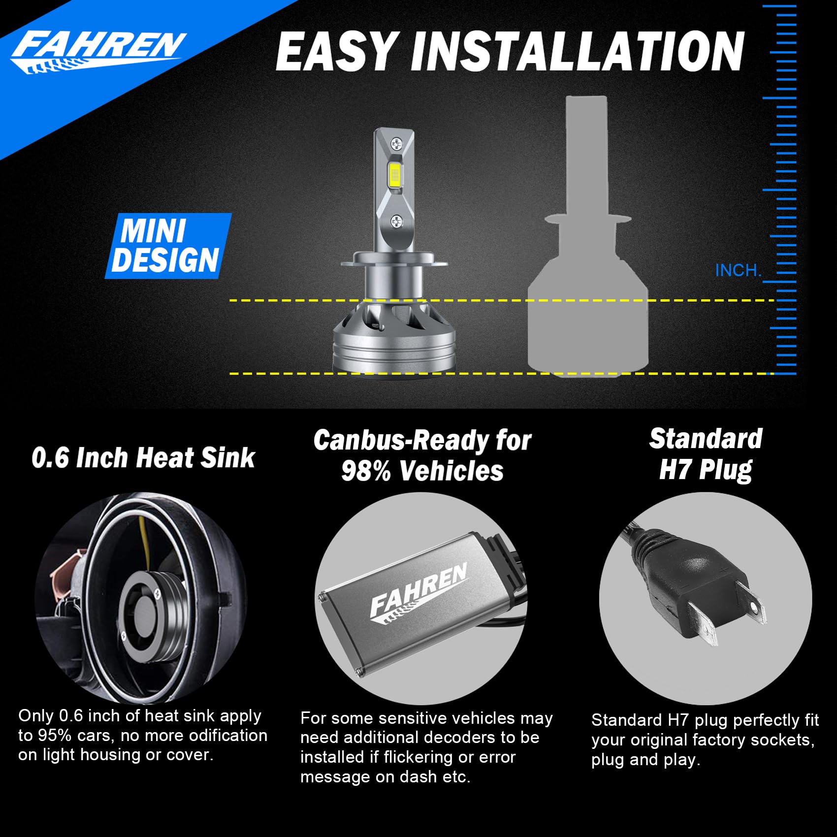 FAHREN H7 Fog Bulbs, Super Bright 6500K, External Canbus Driver, IP68 Waterproof, Pack of 2