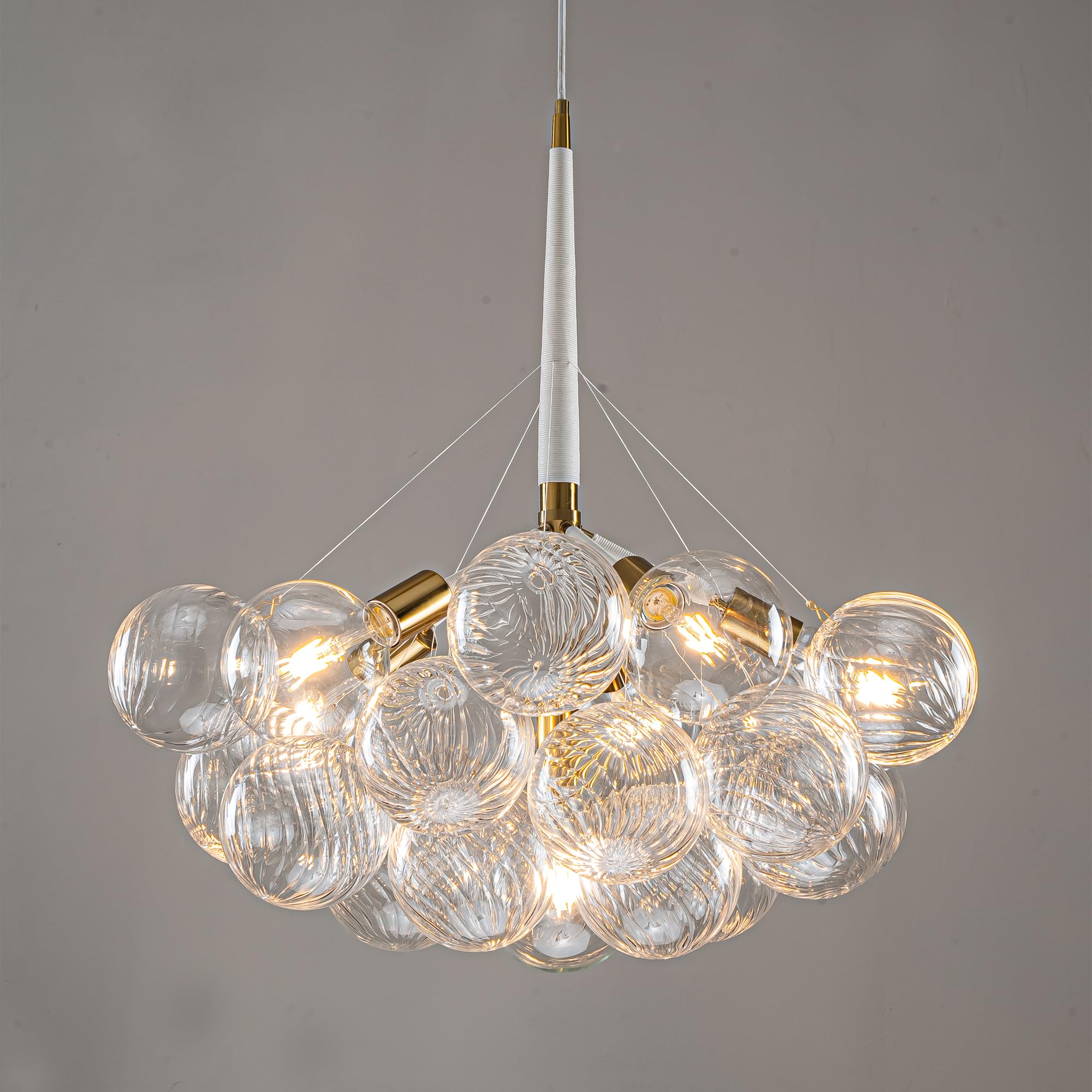 Beypan White Gold Bubble Ball Chandelier 6-Light Dia 24 Inch Mid-Century Blown Glass Light Fixtures Swirled Clear Globe Chandeliers Lighting Pendant For Dining Living Room Entryway Island
