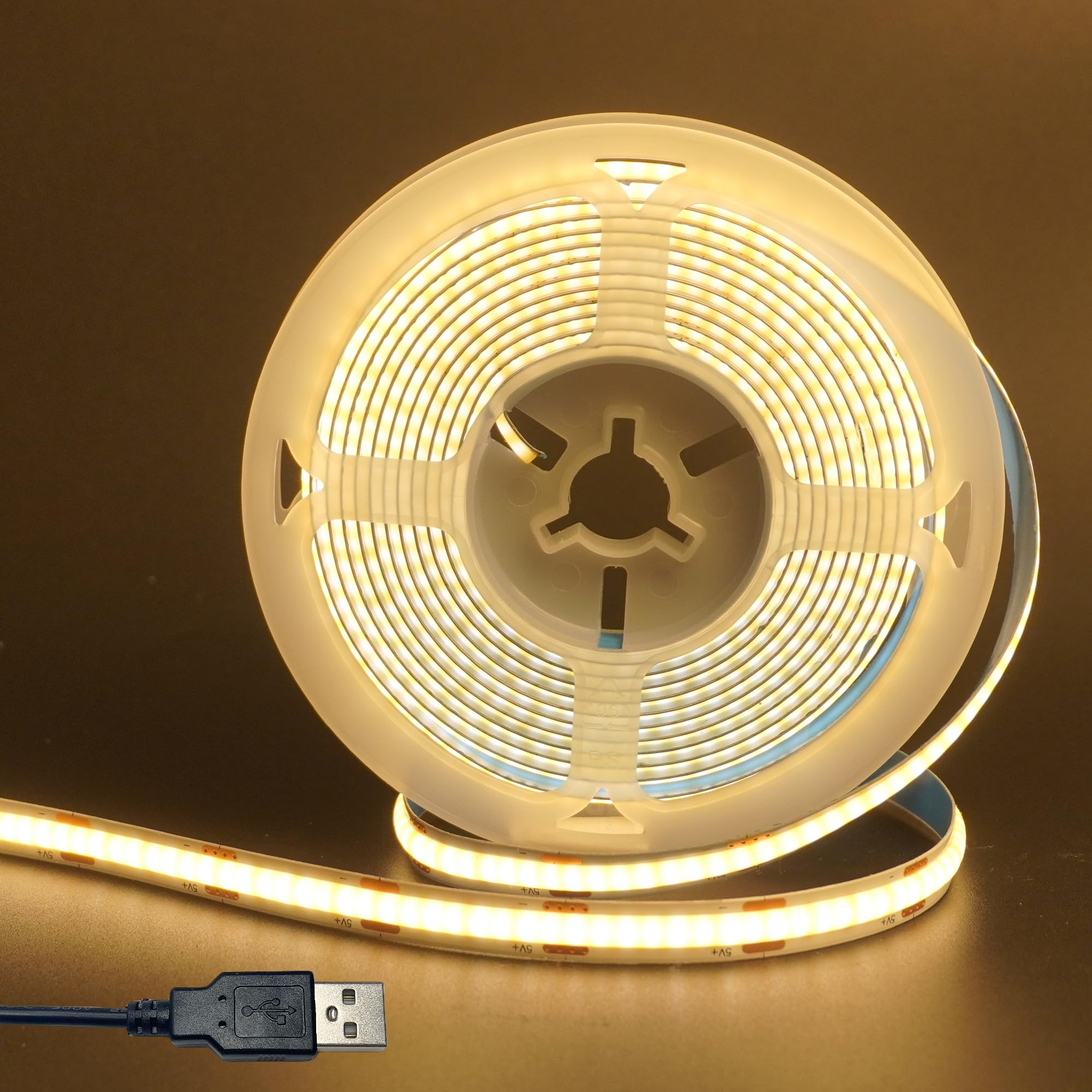 Clearhill 5V 8mm Width USB COB LED Band Lights Warm White 3000K 320LEDs/M 8W/M CRI90 6.56FT/2M Electroplated Double-Sided Panel Light Band Waterproof IP20 Flexible Band for Indoor Decoration