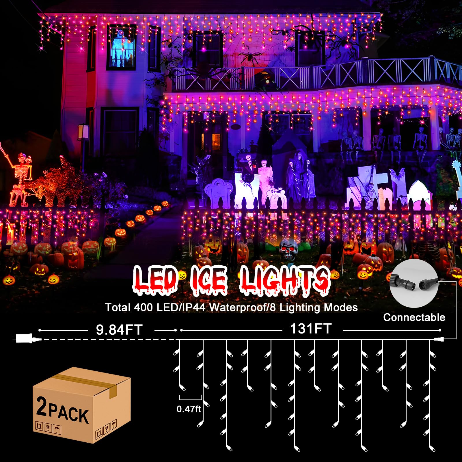 Hezbjiti 2Pack Total 800Led Halloween Lights Purple Orange Icicle Lights 32.8Ft Halloween String Lights Outdoor Decoration 8 Mod