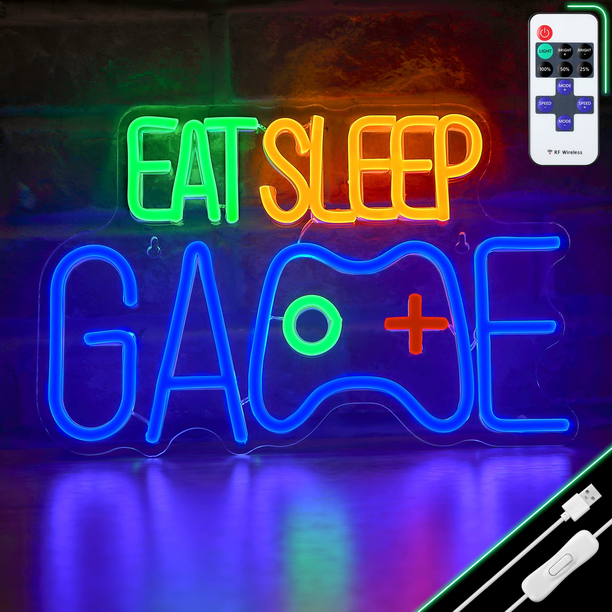 Enhon Neon Sign for Gamers, EAT SLEEP GAME Wall Decor, 8.7L x 13W, Blue, Acrylic, Model Enhon-Neon-0378