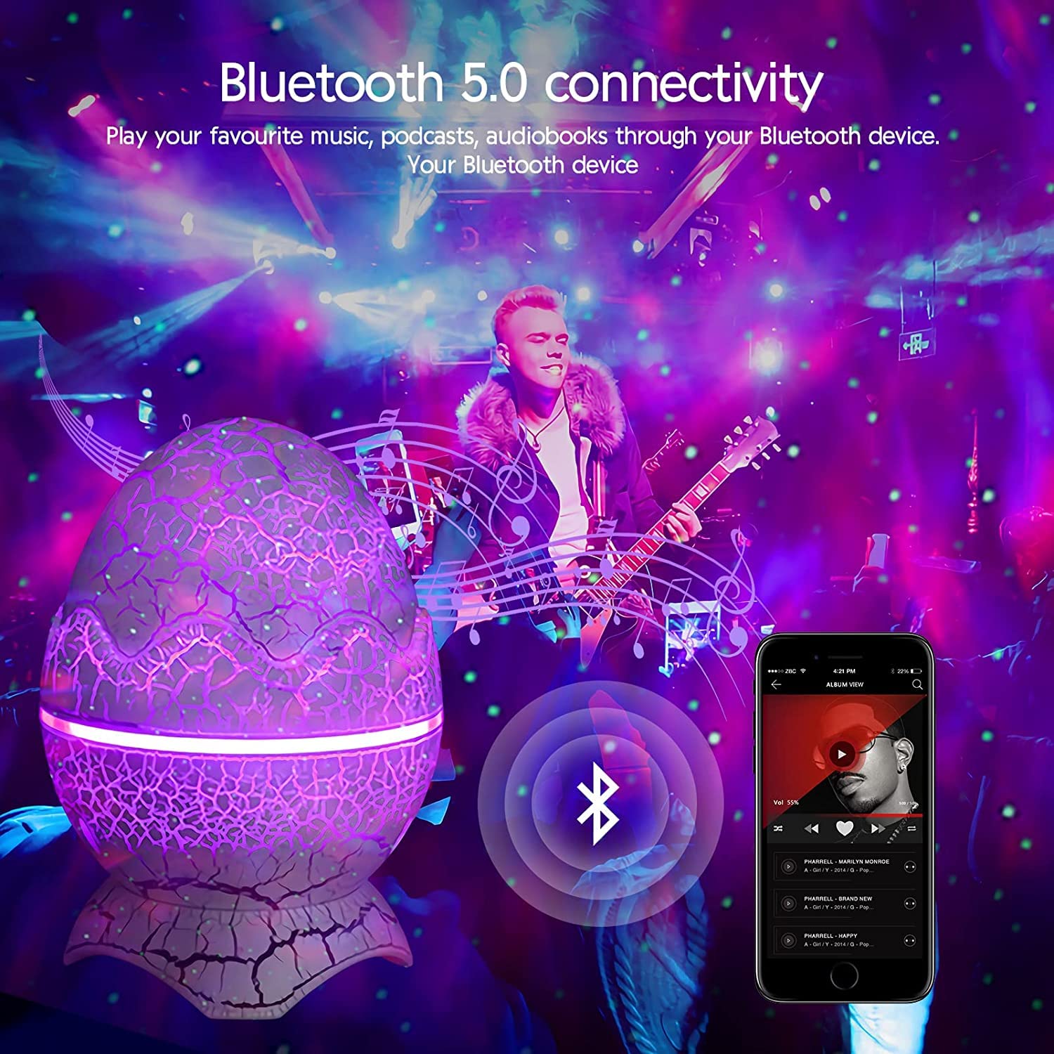 Dinosaur Egg Galaxy Star Projector Starry Light With Wireless Music Player, Night Light With White Noise, Nebula,Timer & Remote