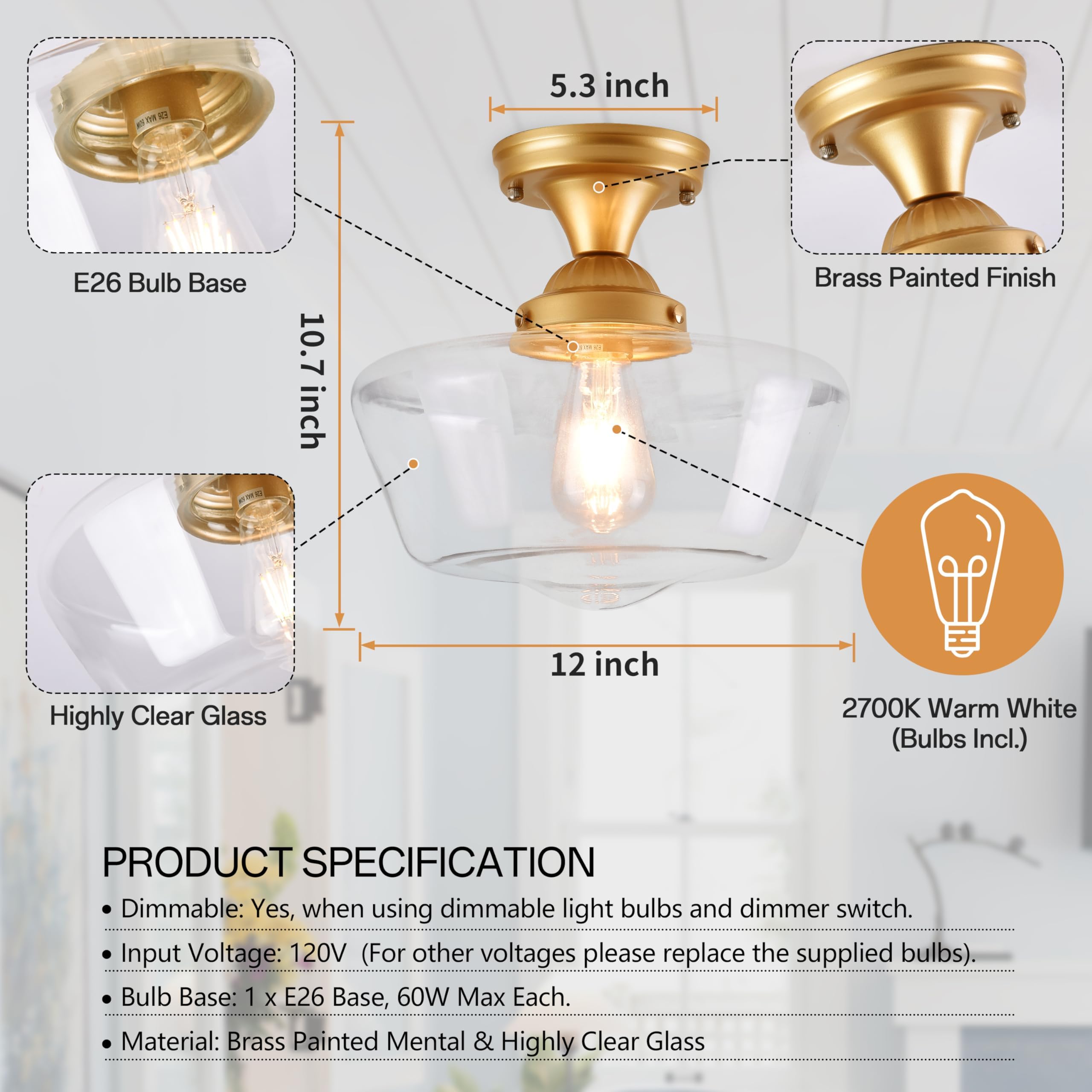 Ayshwilldec Brass Schoolhouse Light Fixture 12'' Mid Century Light Fixture Schoolhouse Light Fixtures Ceiling Clear Glass Semi F