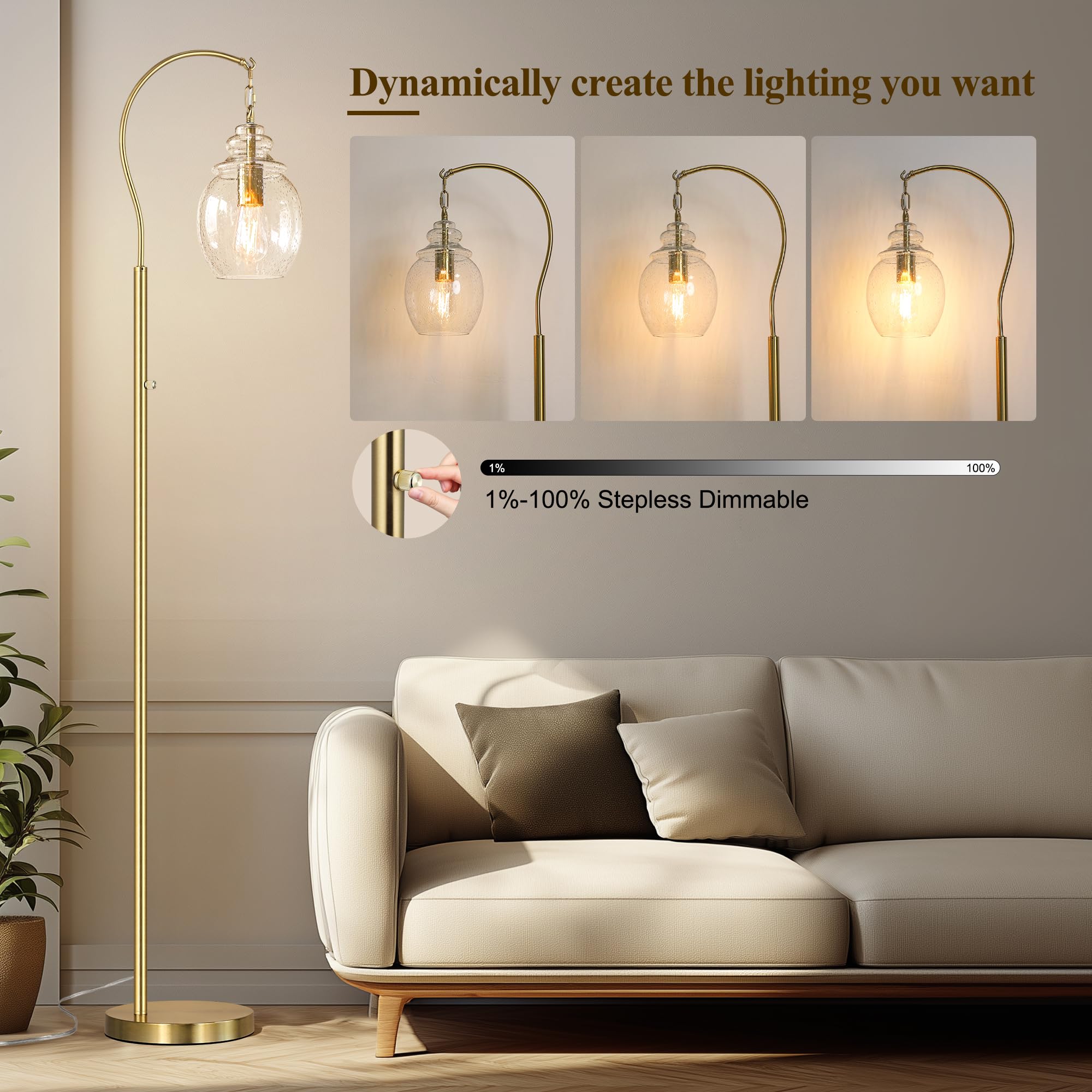QiMH Gold Arc Floor Lamp, 70" Tall Dimmable Standing Lamp with Seeded Glass Shade, Modern Metal Design for Living Room and Bedroom