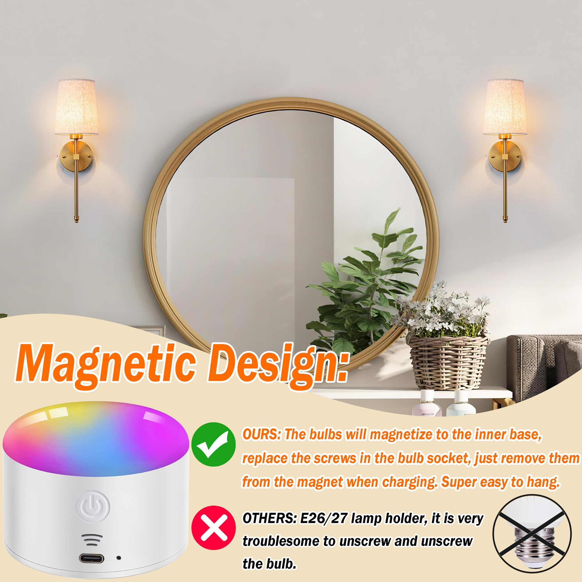 YHCDLAMP Battery Operated Wall Sconce Set of Two with Remote Control, Dimmable, Fabric Linen Shade, Bronze, Model YHCDLAMP