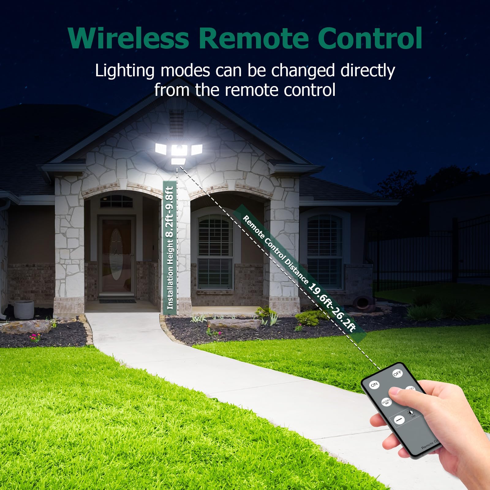omibee Solar Motion Sensor Lights, 3000LM, 413 LEDs, 4 Adjustable Heads, IP65 Waterproof, Remote Control, Black, Model OEE214C05