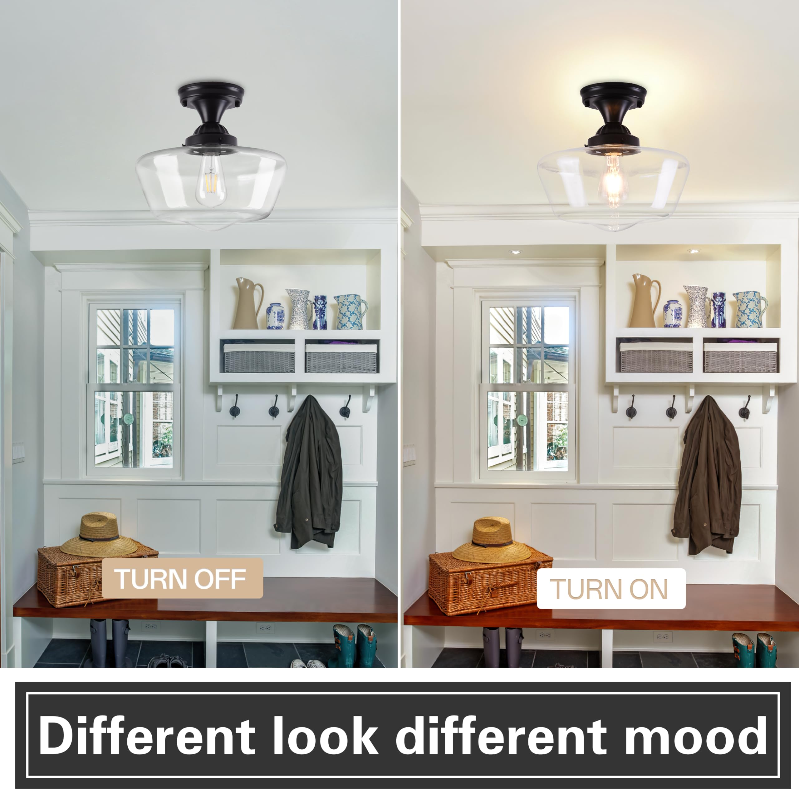 Ayshwilldec Black Schoolhouse Light Fixture 12'' Mid Century Light Fixture Schoolhouse Light Fixtures Ceiling Clear Glass Semi F