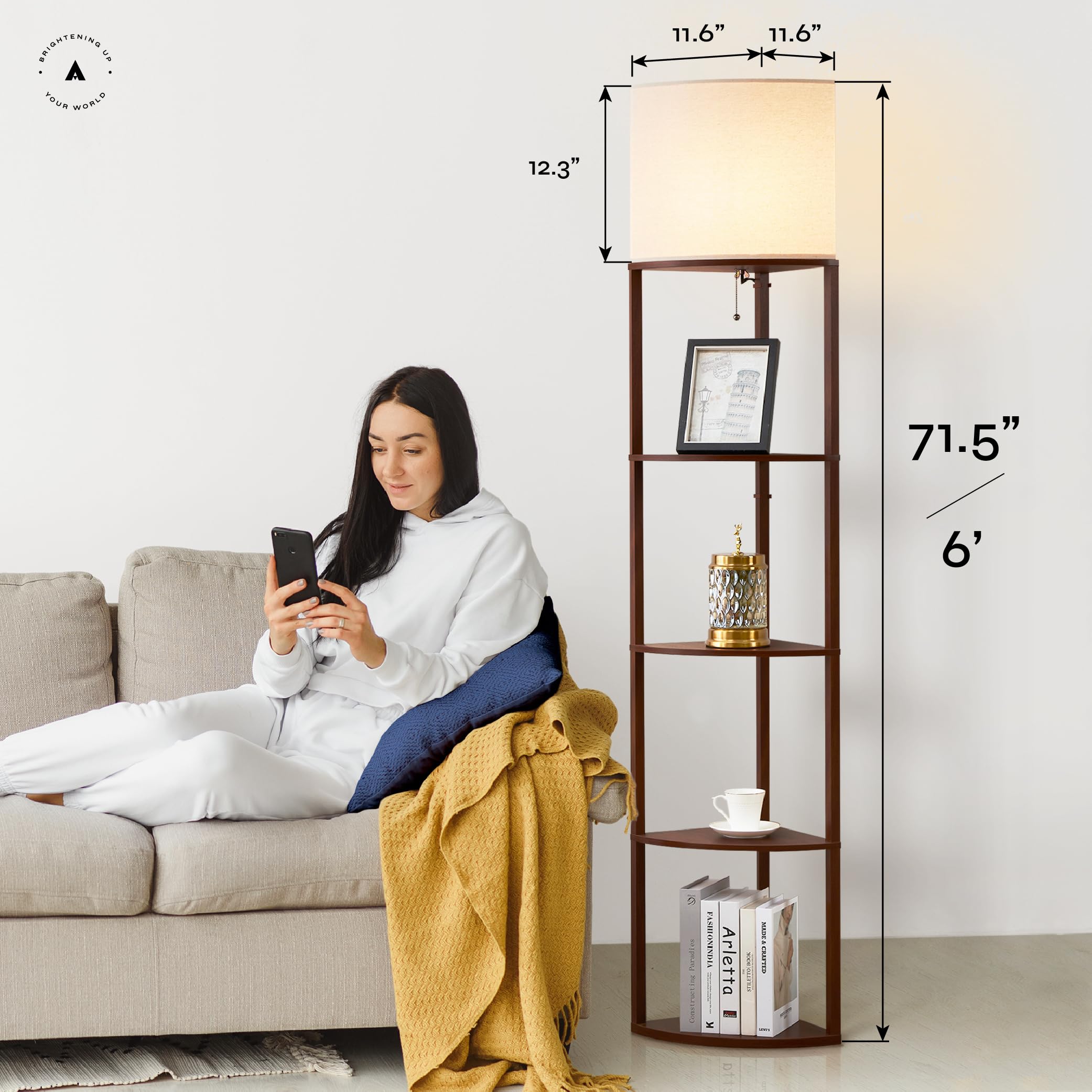 Atamin Corner Floor Lamp With Shelves - Tall Corner Lamp With Pull Chain Switch - Modern Floor Lamp For Living Room, Bedroom, Or