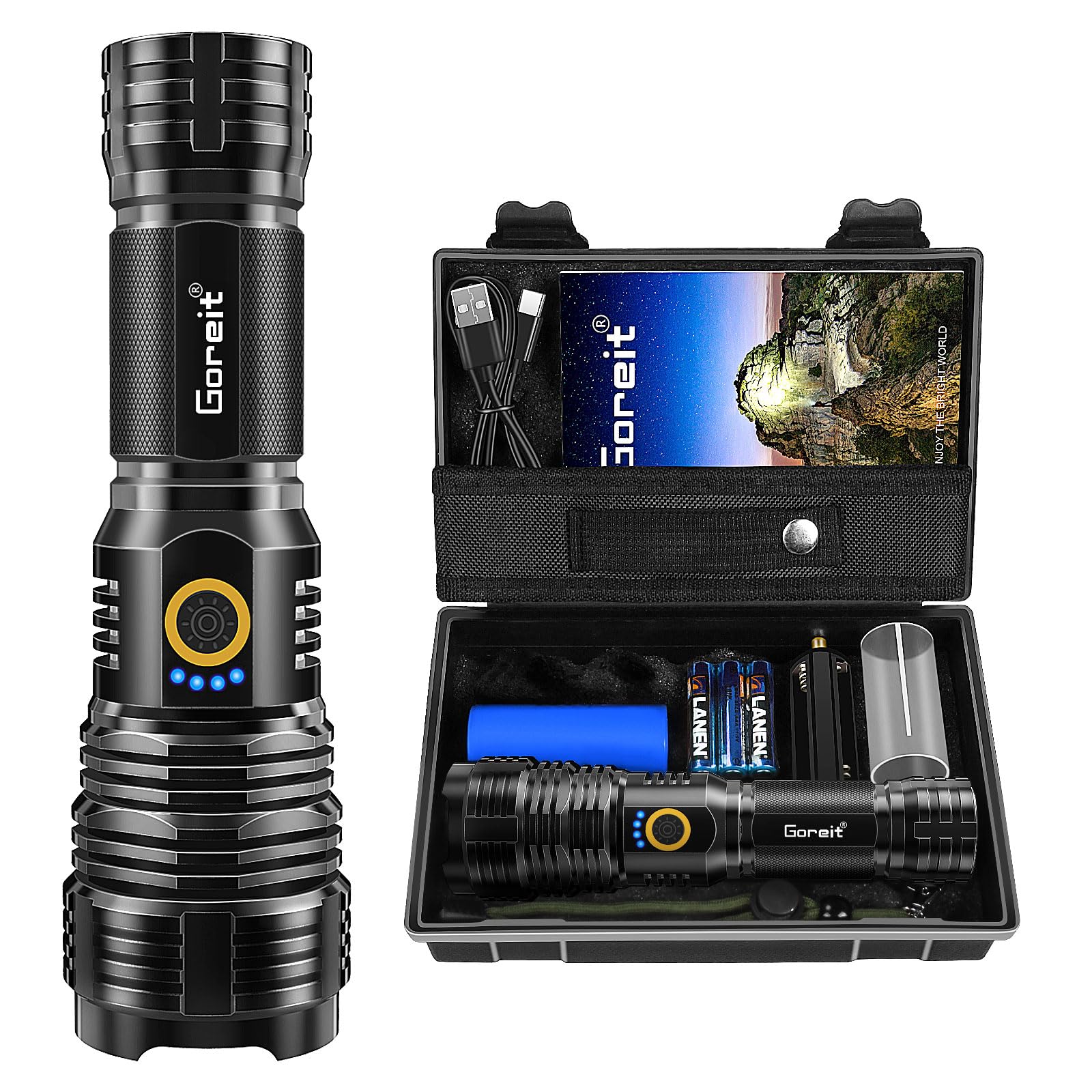 Goreit 950000 Lumens Rechargeable Led Flashlight, Super Bright Handheld Light For Camping & Emergency