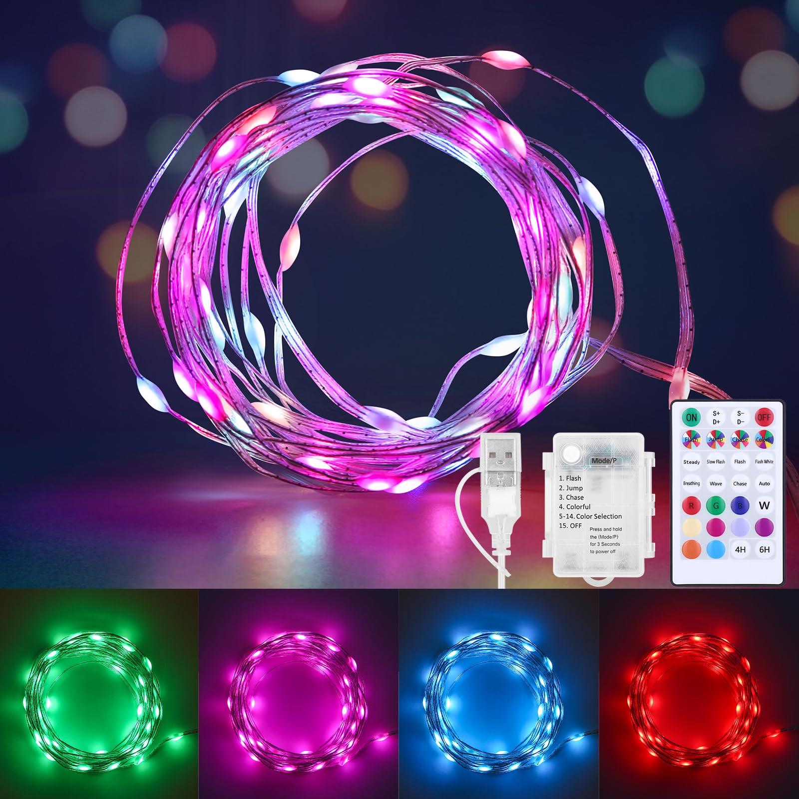Battery Operated Fairy Lights Color Changing String Light with Remote, 16.4FT 1-Pack Twinkle LED Lights USB Plug or Battery Powe